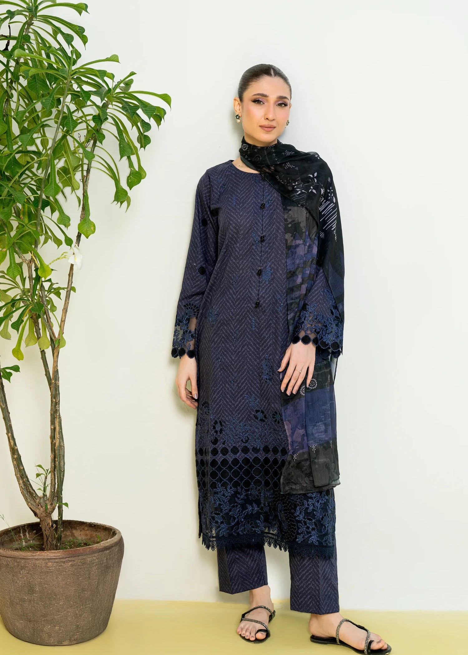 cambric Kurta Set in Black, navy blue