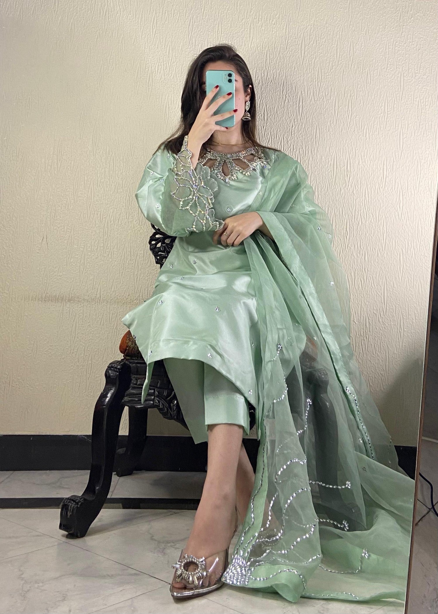 silk Kurta Set in Pistachio green