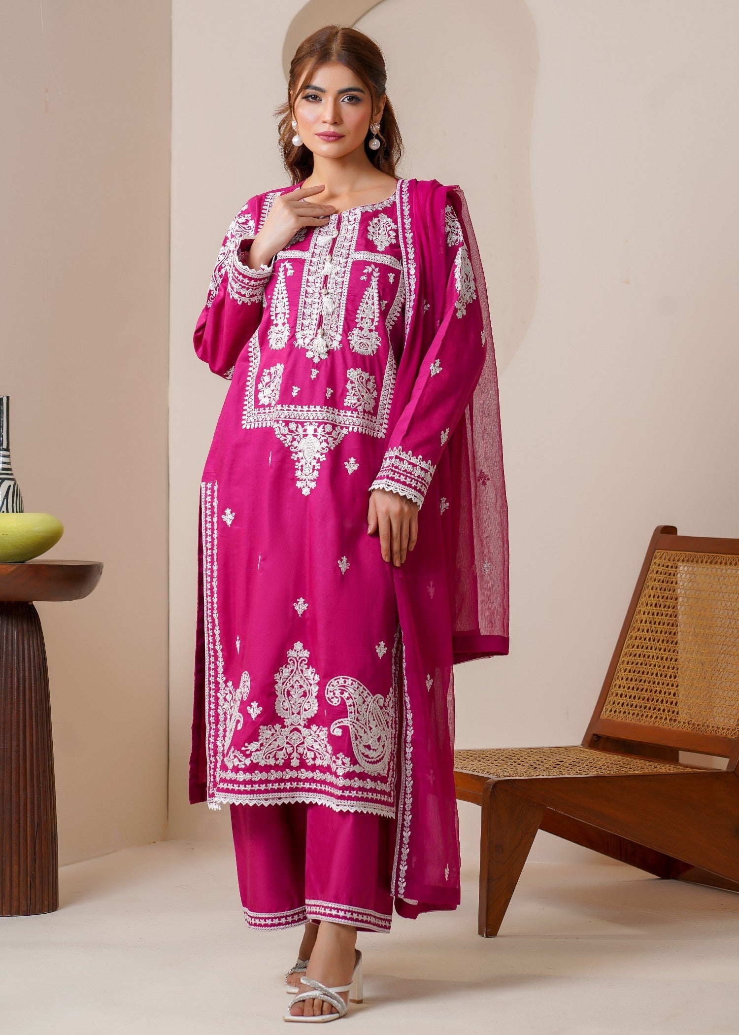 cotton Kurta Set in Hot pink