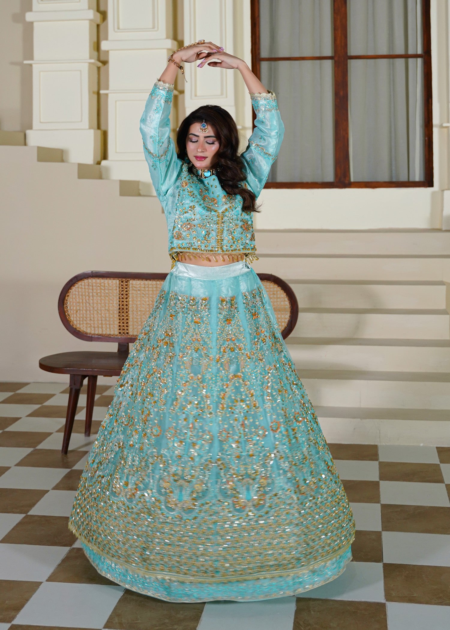 organza Lehenga in Turquoise, gold