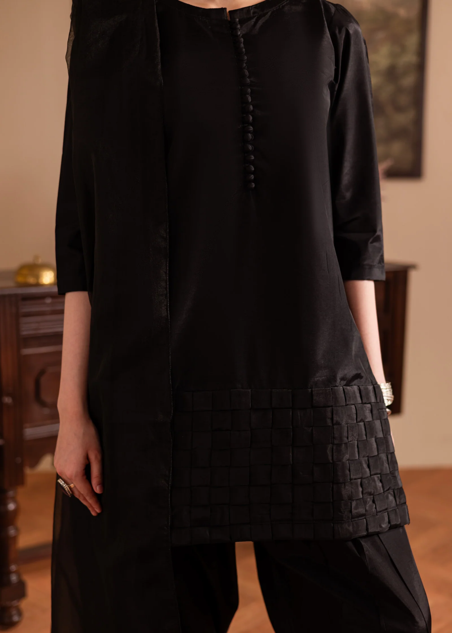 poly silk Kurta Set in Black