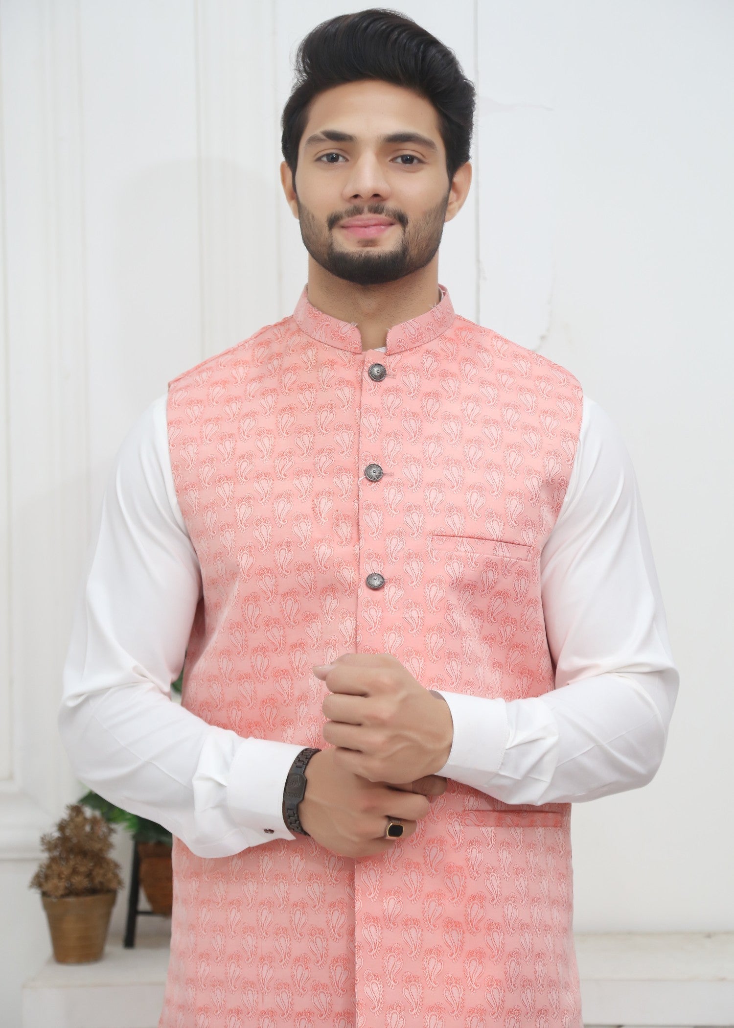 jamawar Waistcoat in Pink