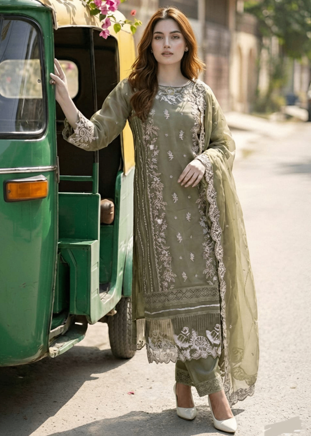 organza Kurta Set in Olive green