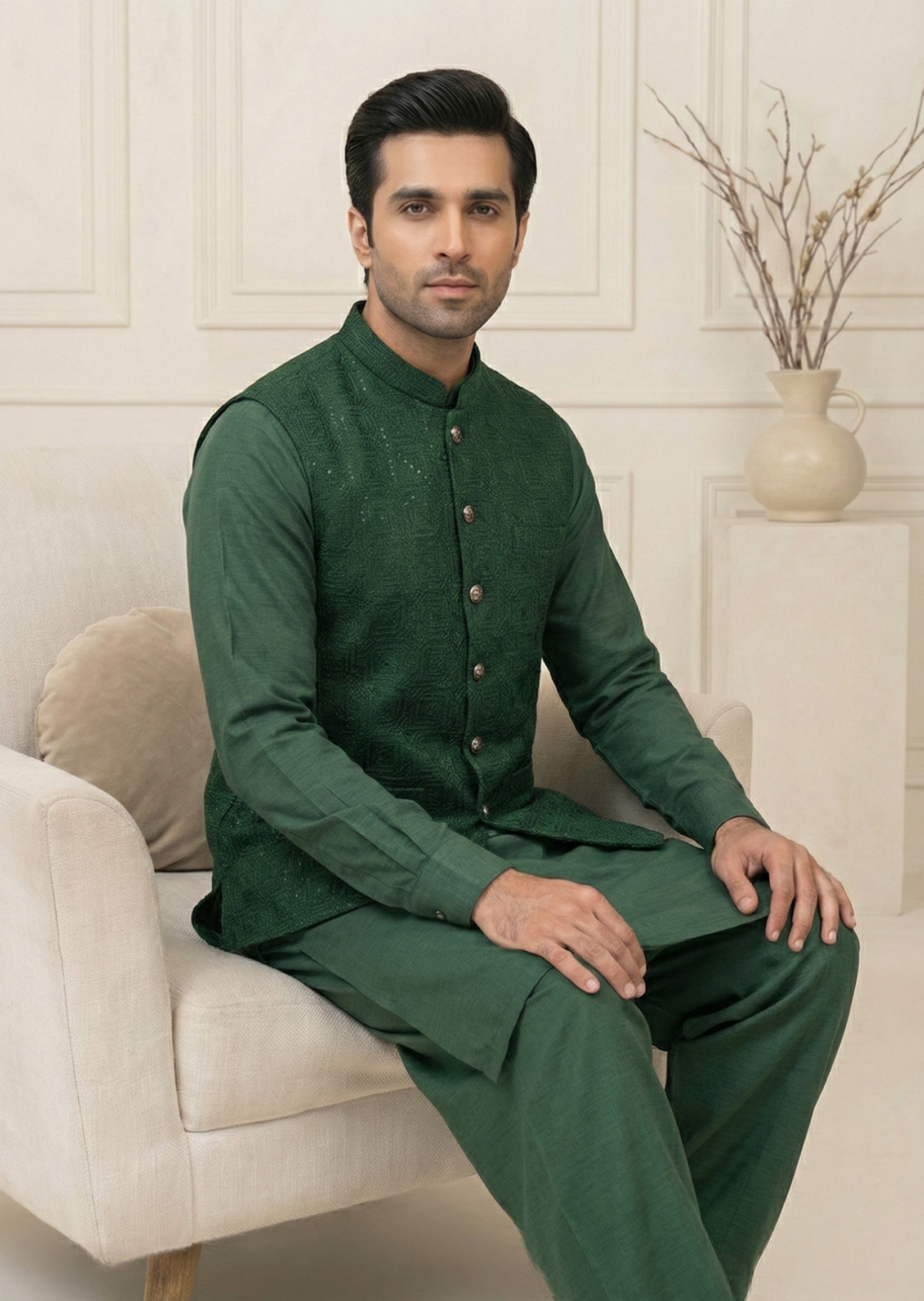 traditional jamawar Waistcoat in Green