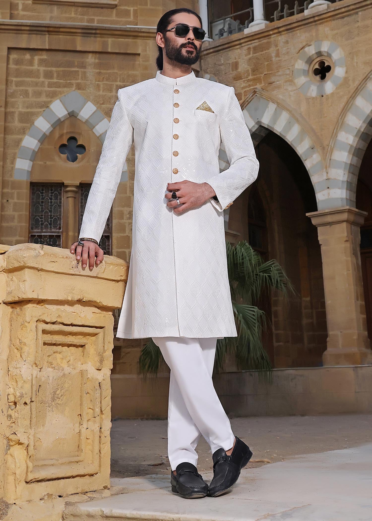 banarsi silk Sherwani in White