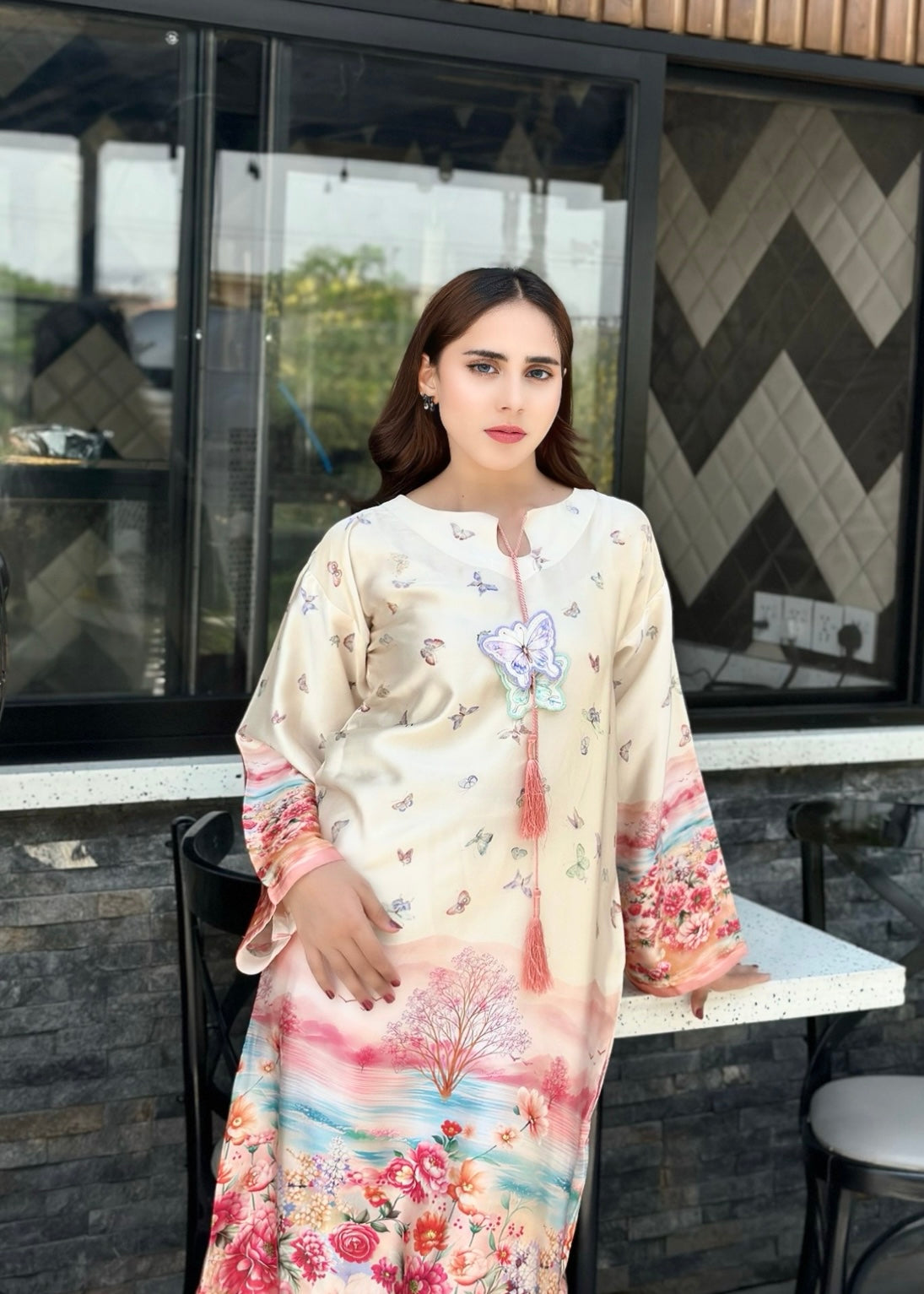 pk charmuse silk Kaftan in Ivory, champagne