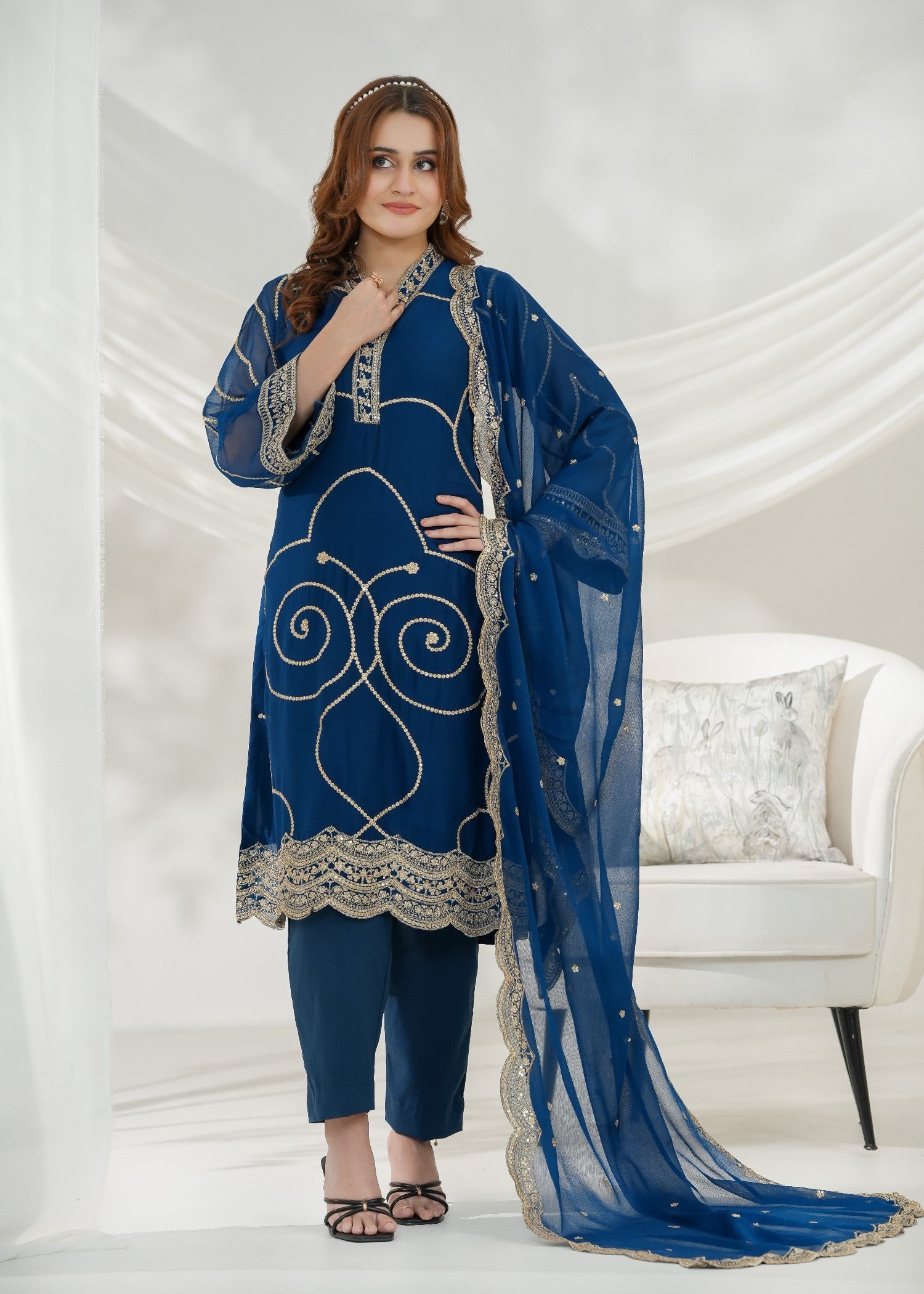 chiffon Kurta Set in Yale blue