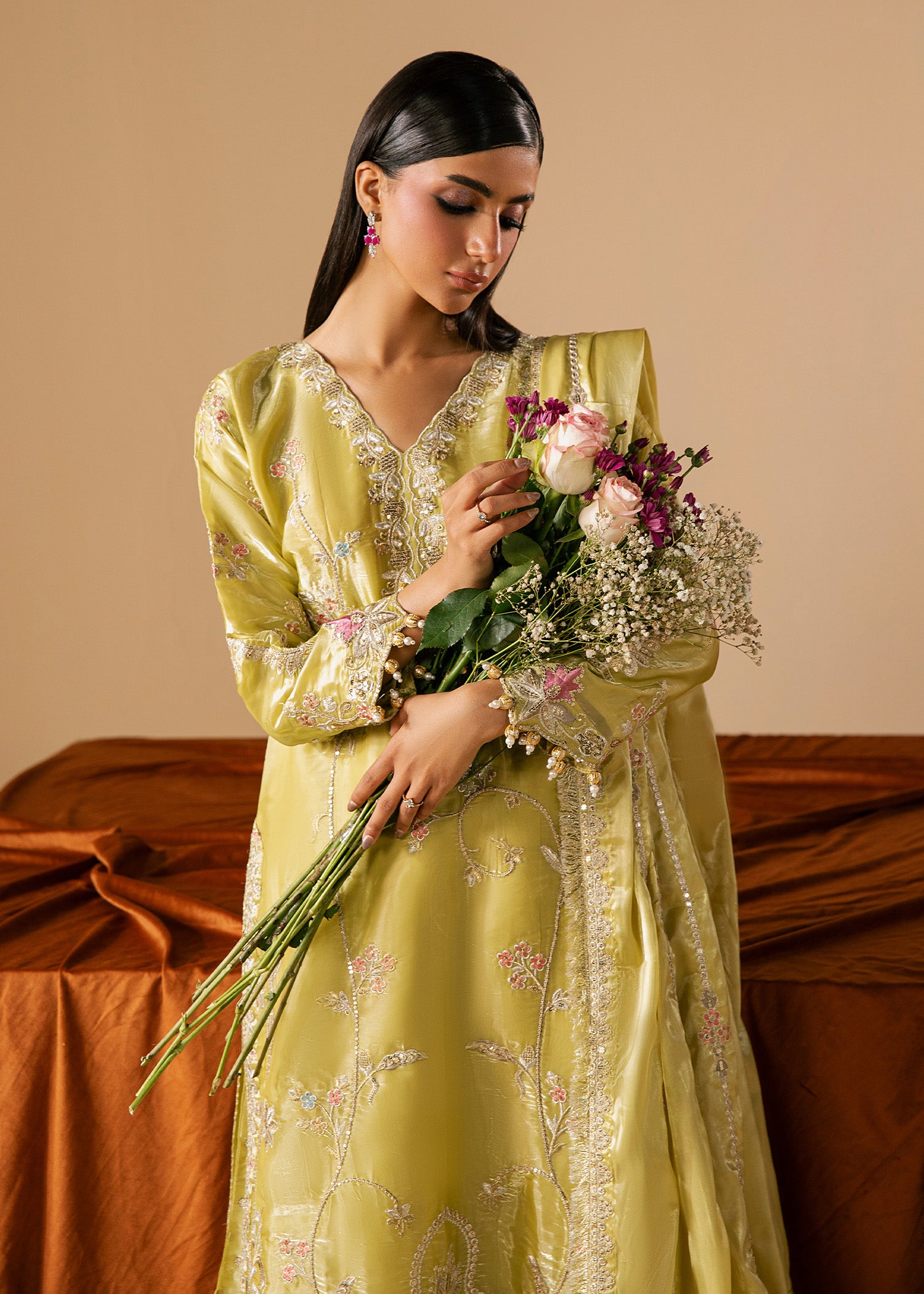 silk Kurta Set in Key lime