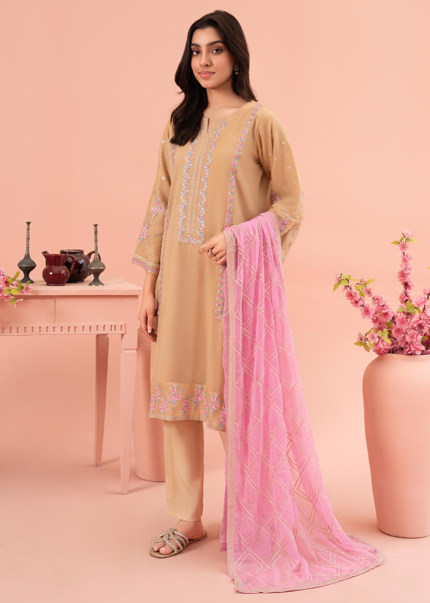 chiffon Kurta Set in Beige