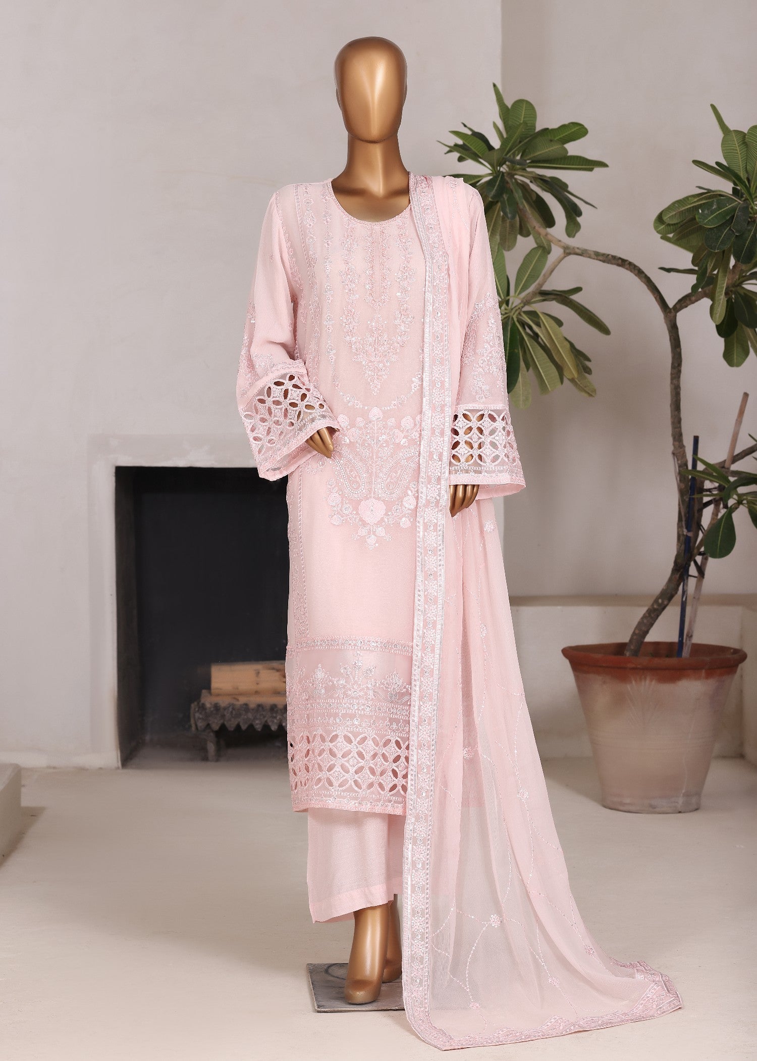 bemberg crinkle chiffon Kurta Set in Pale pink