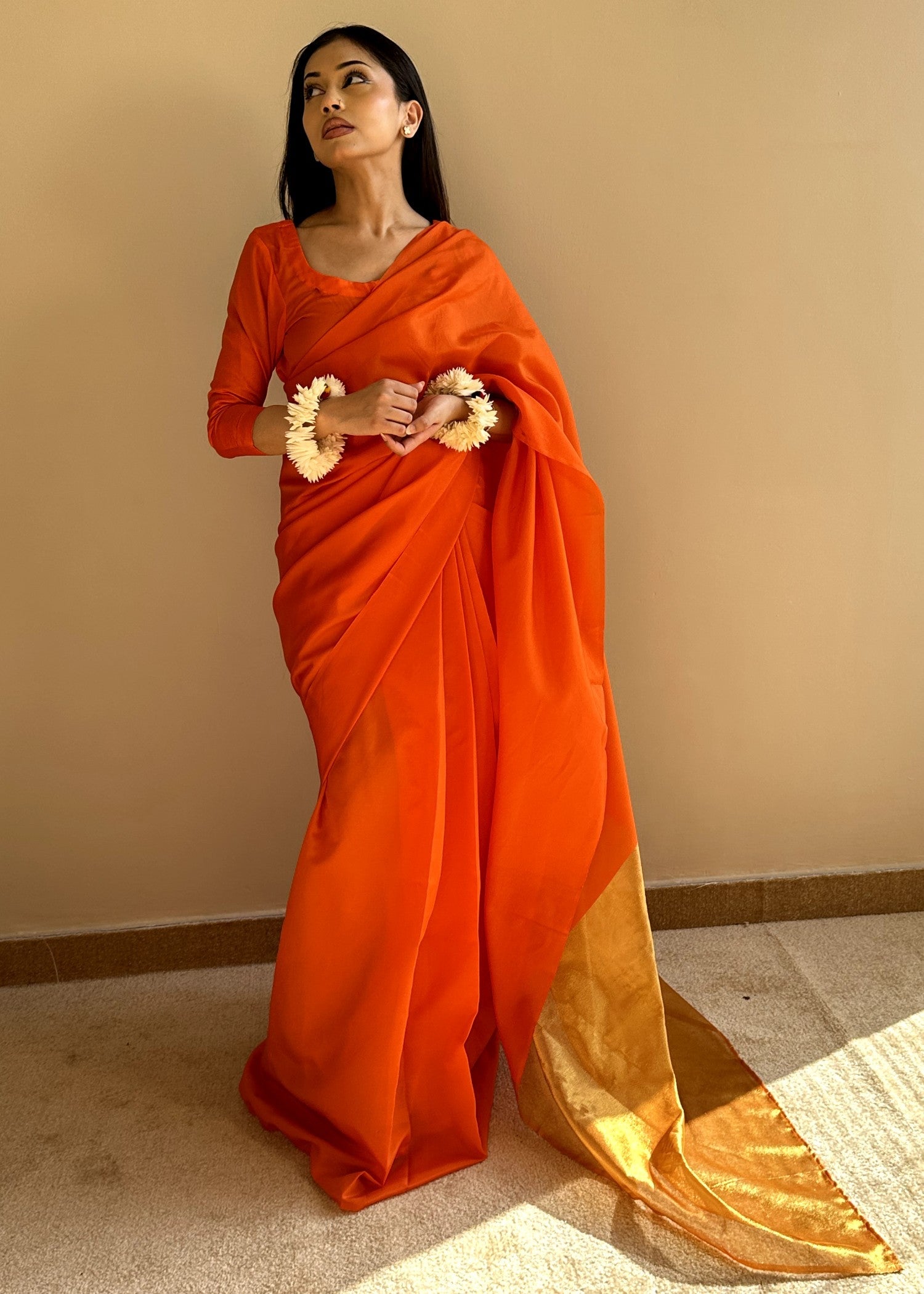 kattan silk Saree in Pumpkin orange