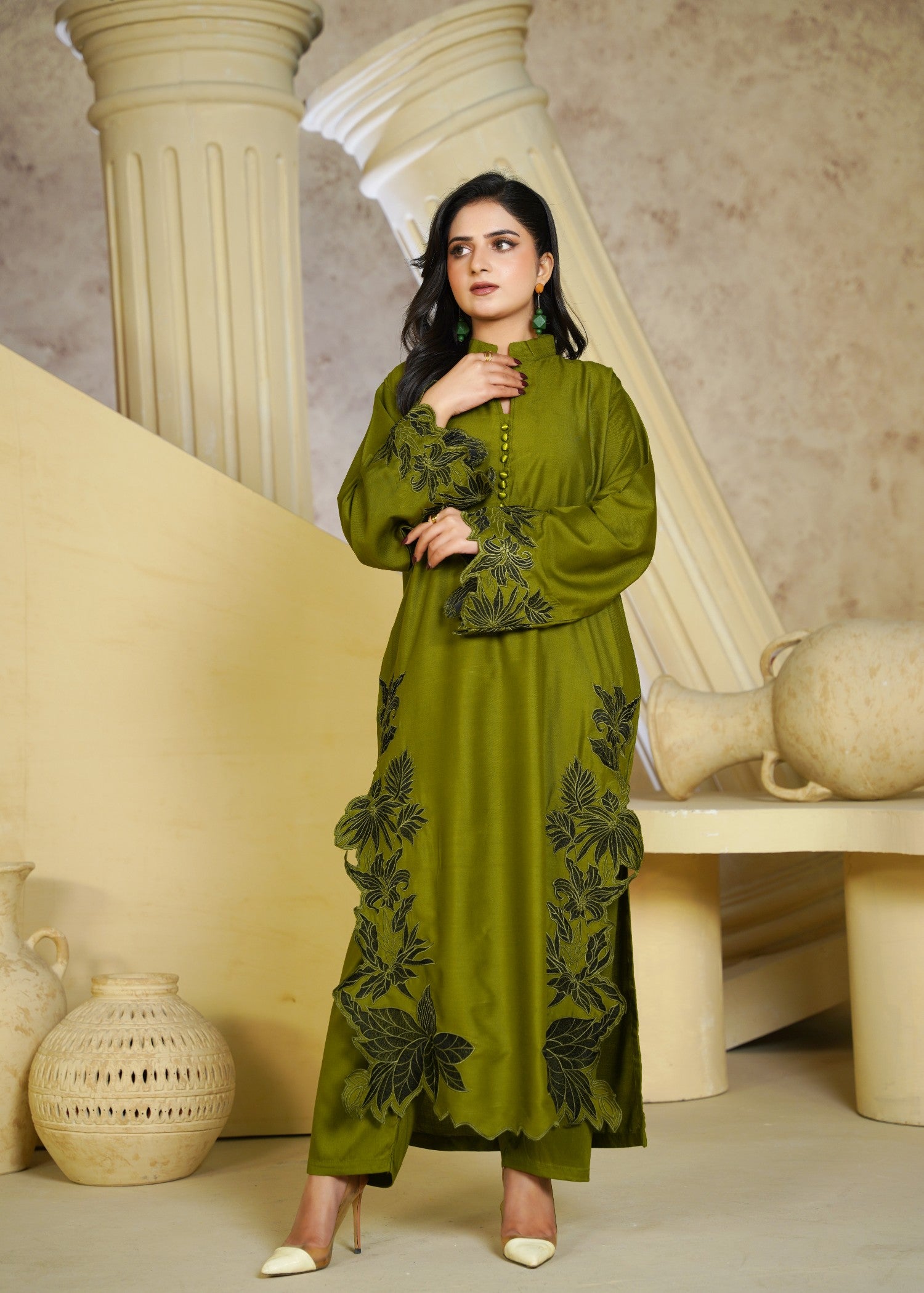 linen chambray Kurta Set in Olive green