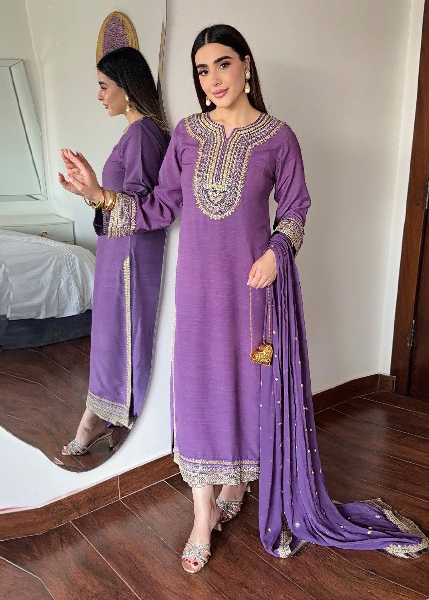 raw silk Kurta Set in Purple heart