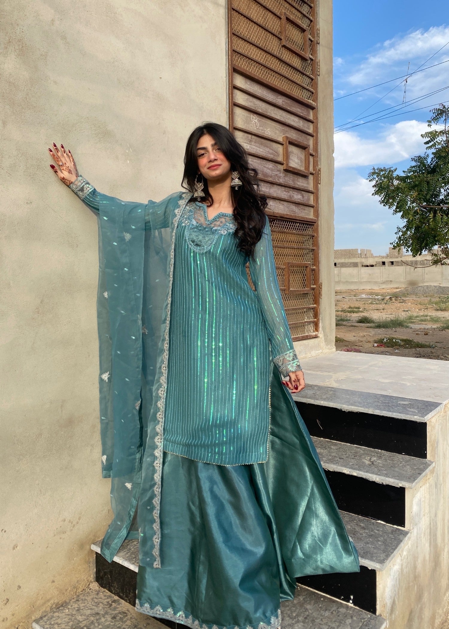 chiffon Kurta Set in Parrot green