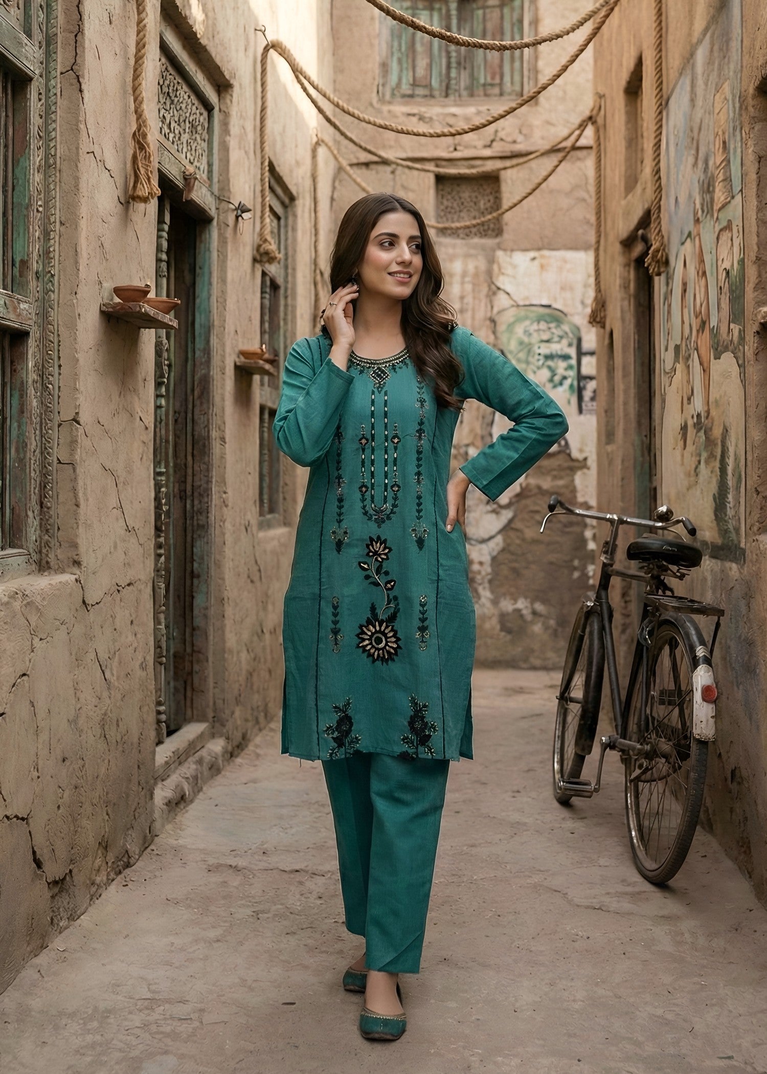 cambric Kurta Set in Teal