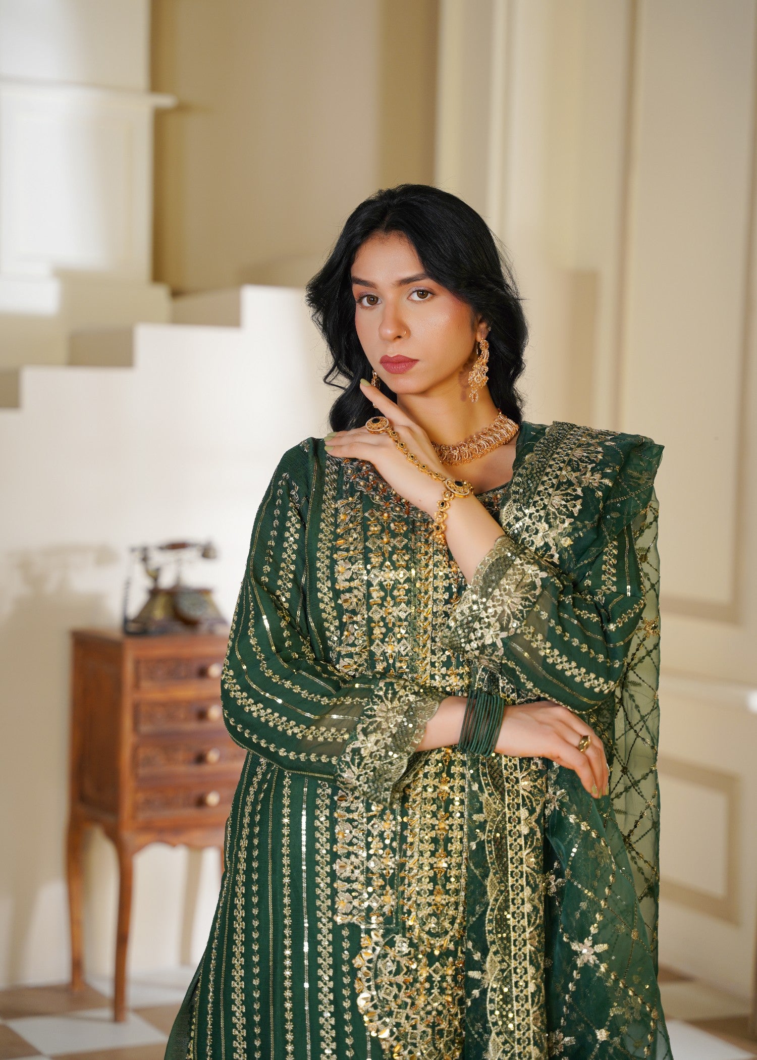 chiffon Sharara in Green, gold