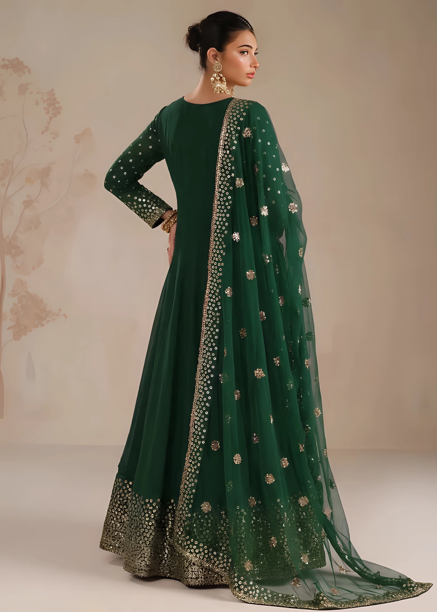 chiffon Pishwas in Bottle green