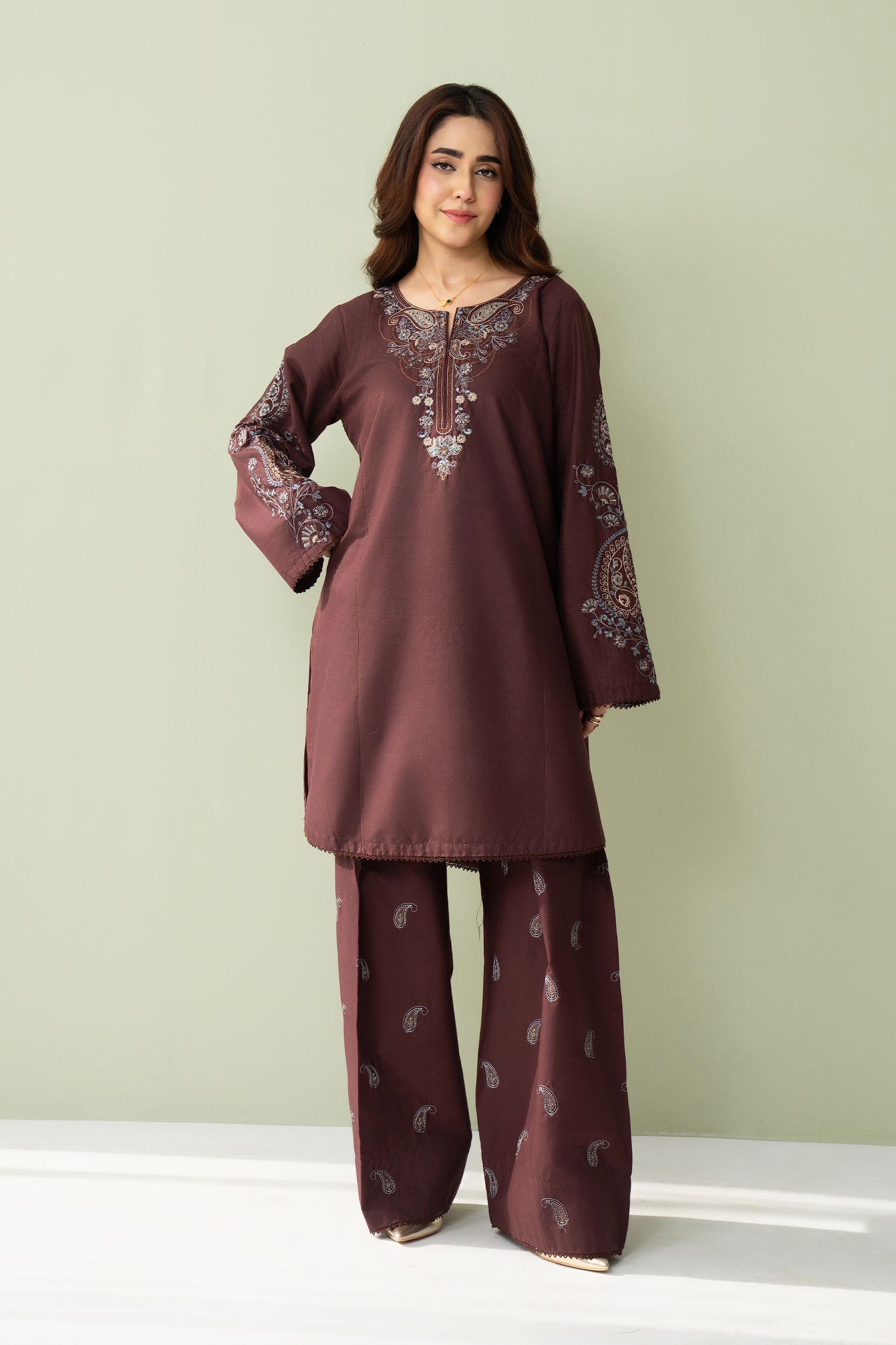 lawn cotton Kurta Set in Chocolate brown