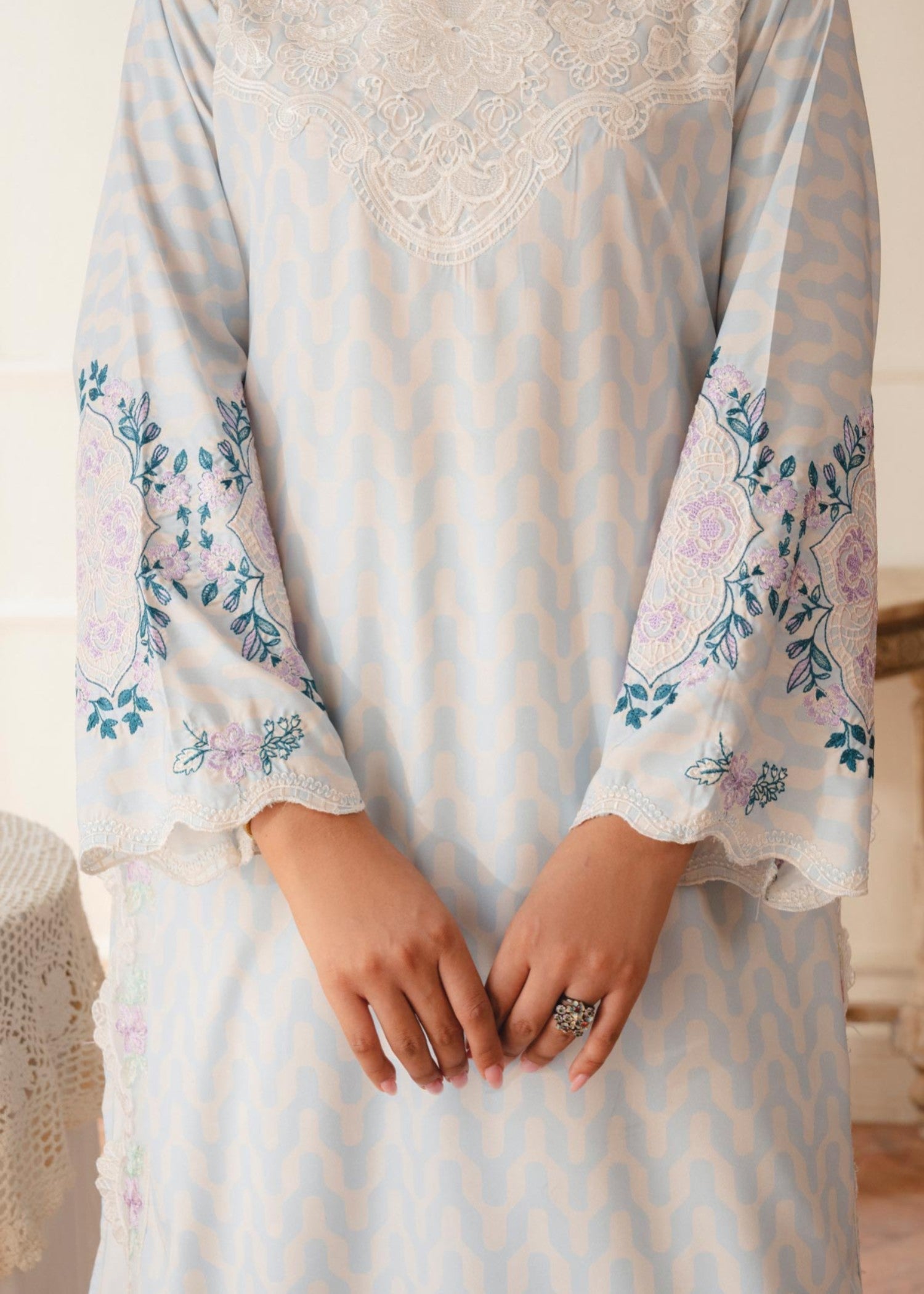 crepe Kurta Set in Powder blue, pastel pink