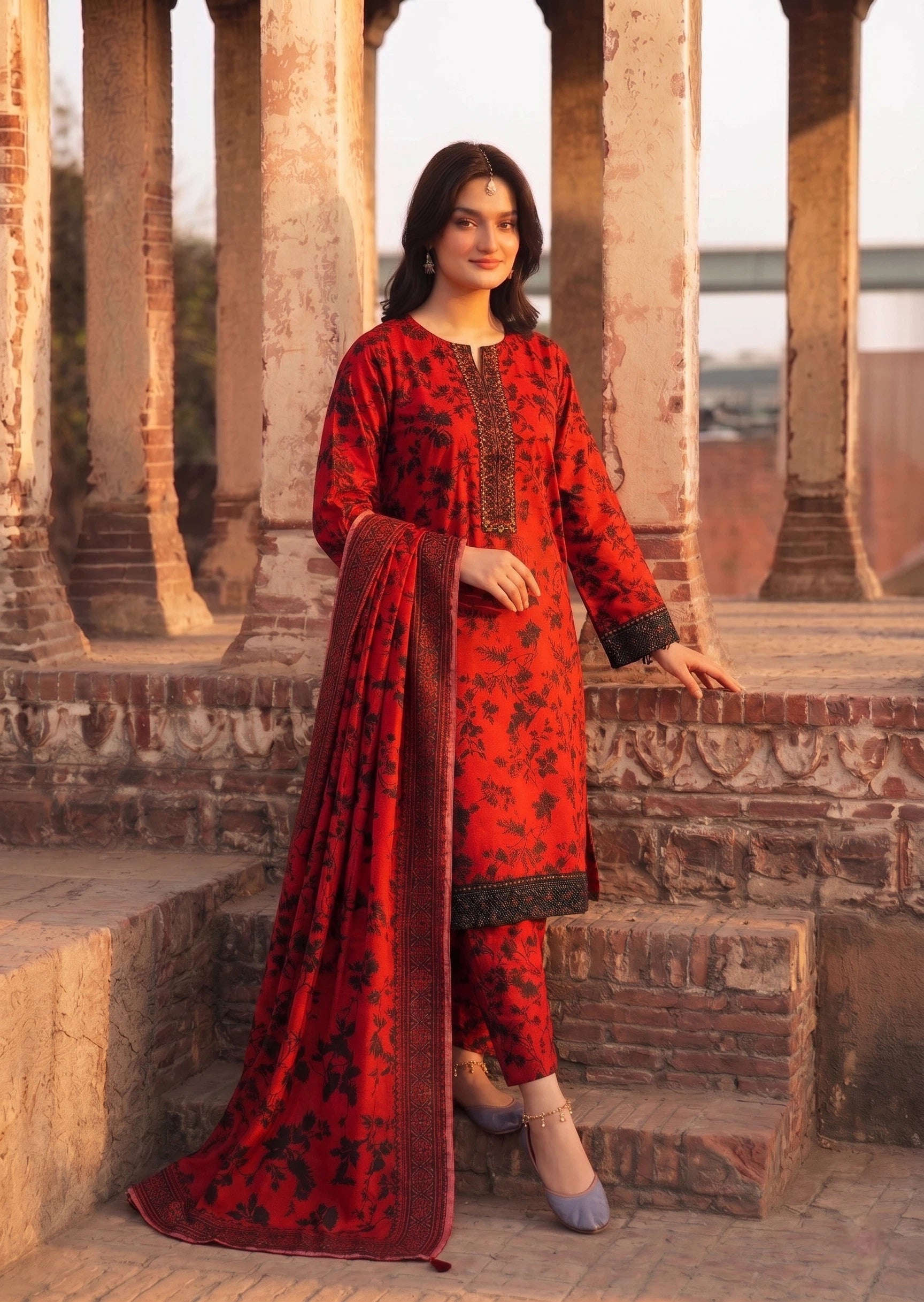silk parachute Kurta Set in Red