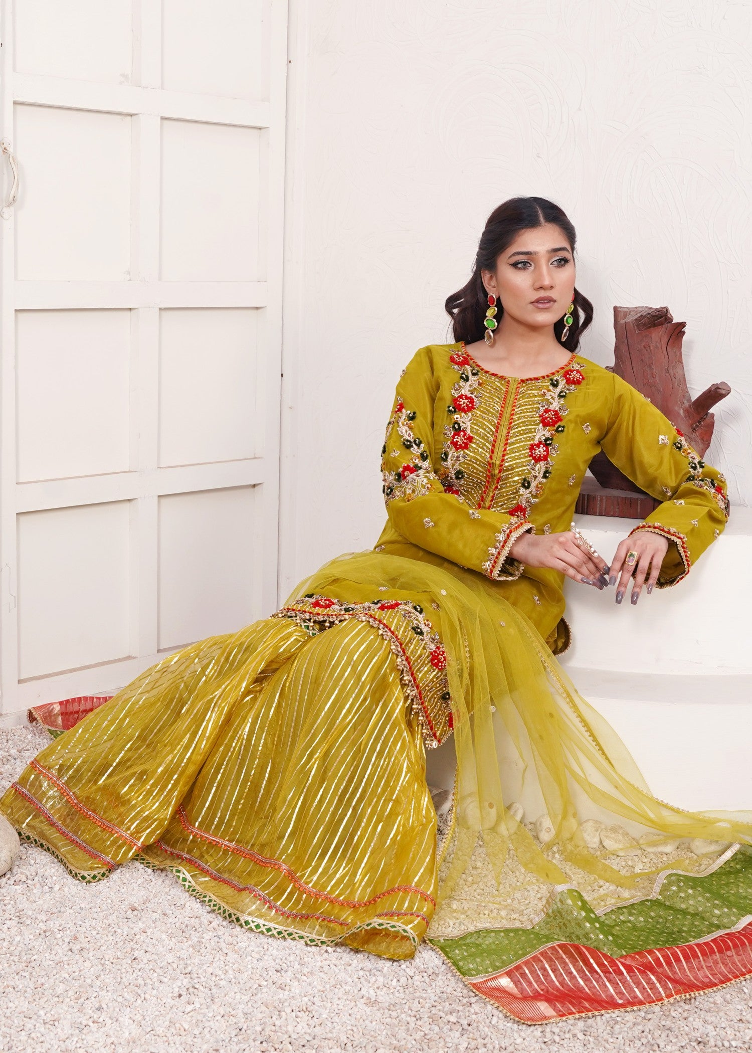 organza Gharara in Olive green