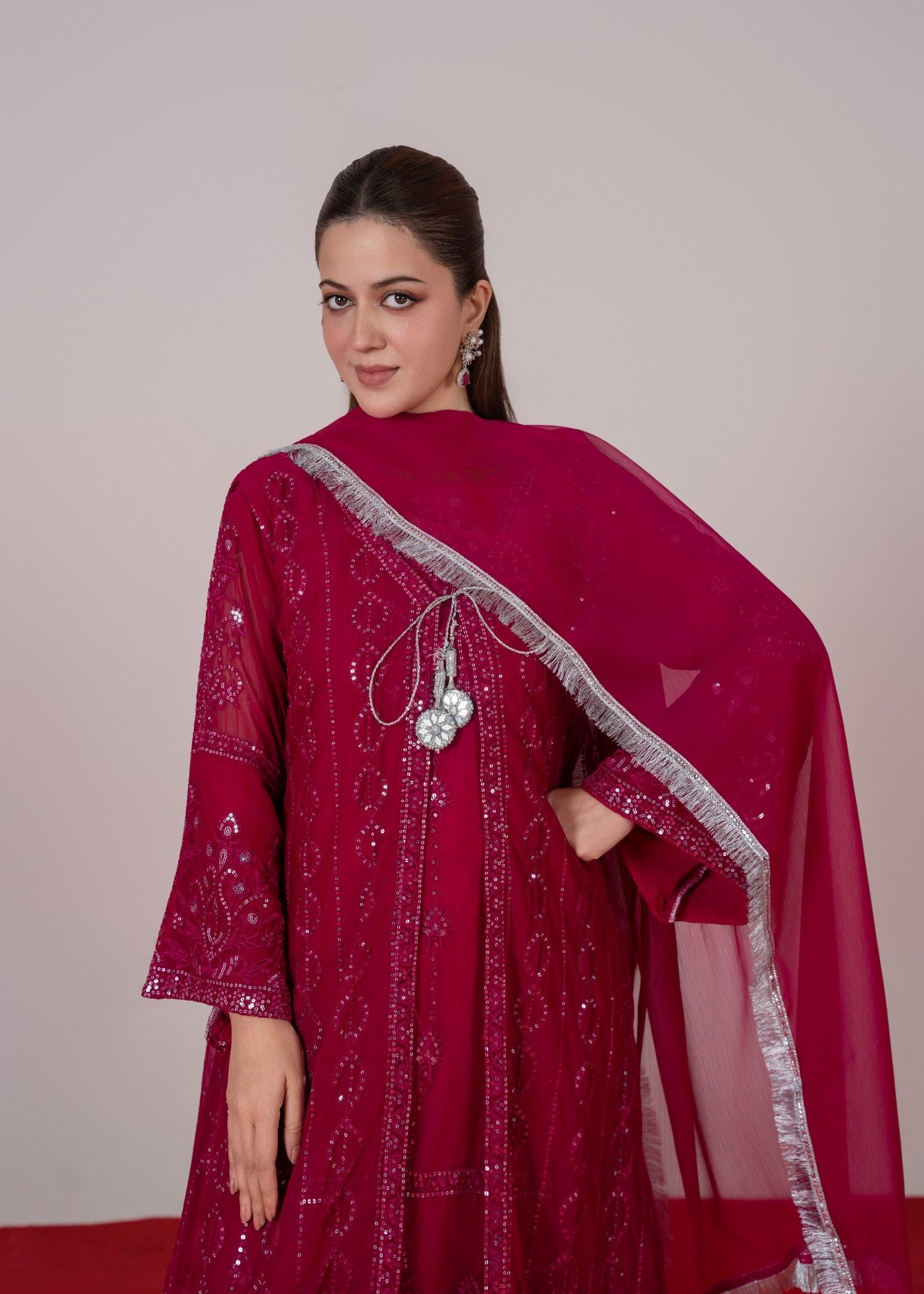 chiffon Gown in Hot pink red
