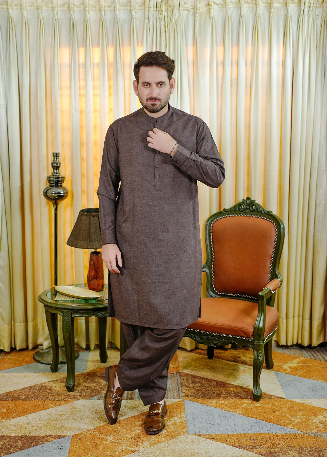 acrylic wool Shalwar Kameez in Mocha brown
