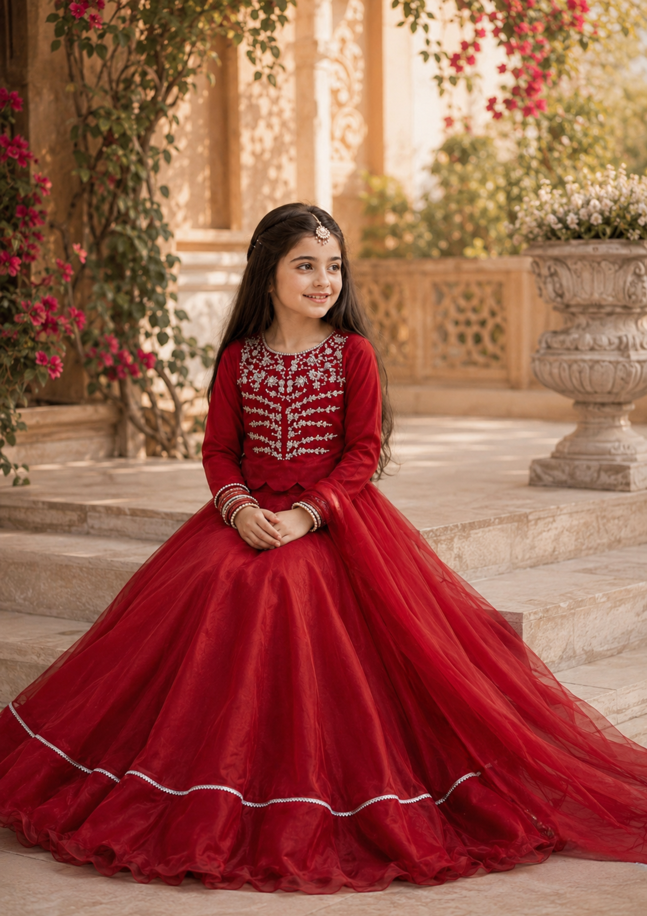 tissue silk Lehenga in Fire red