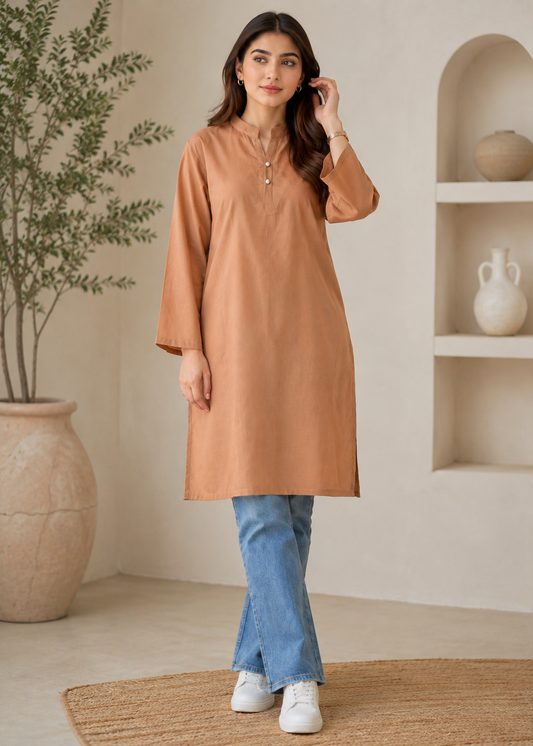 lawn Kurti in Camel brown