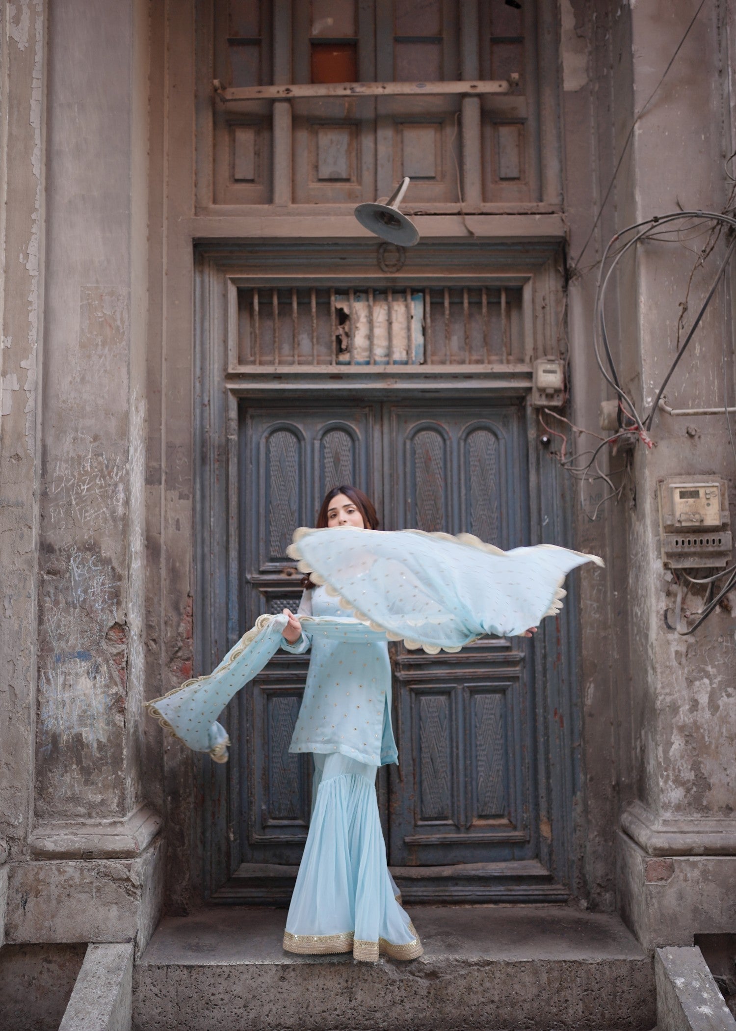 chiffon Gharara in Arctic blue