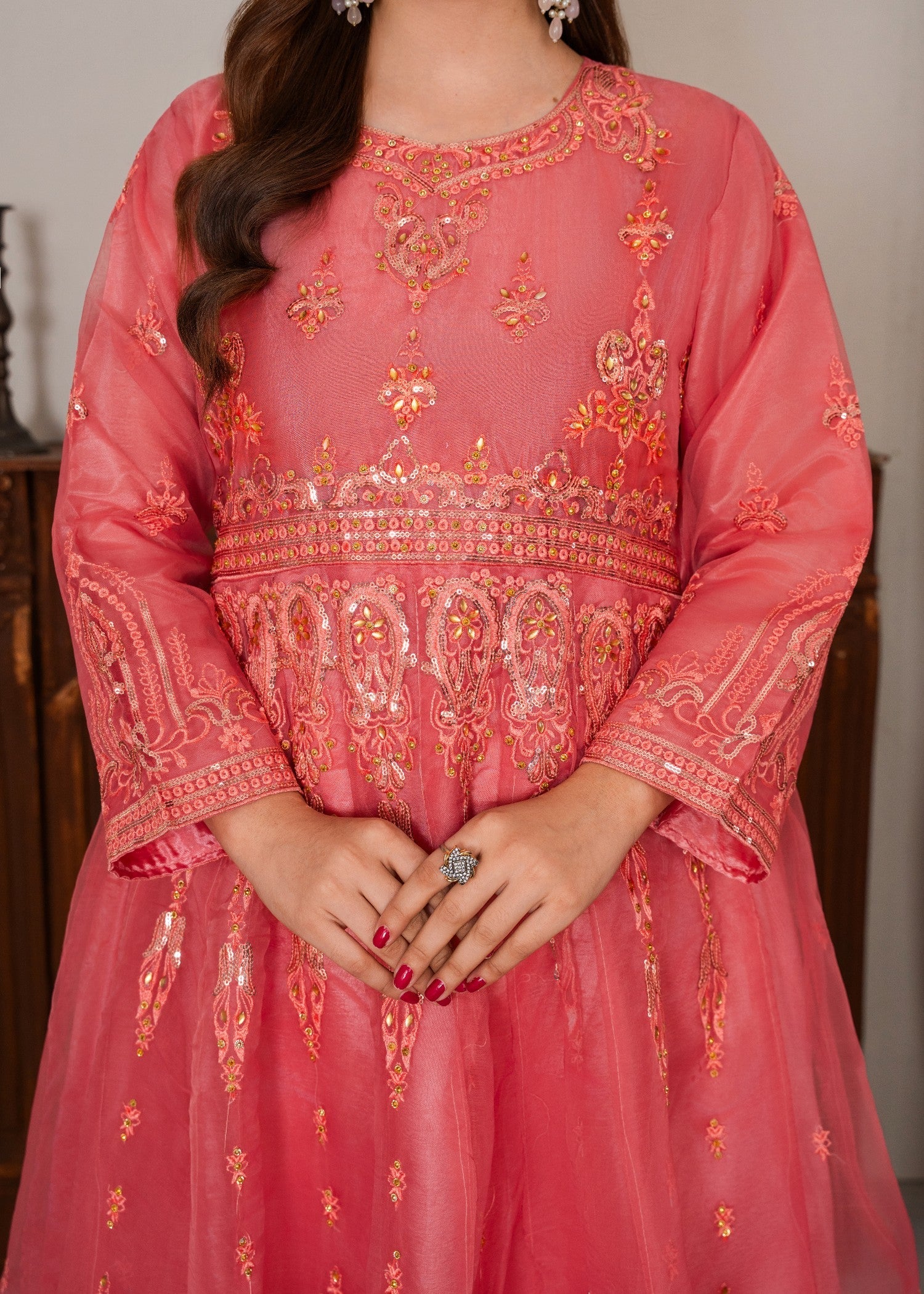 organza Pishwas in Peach pink