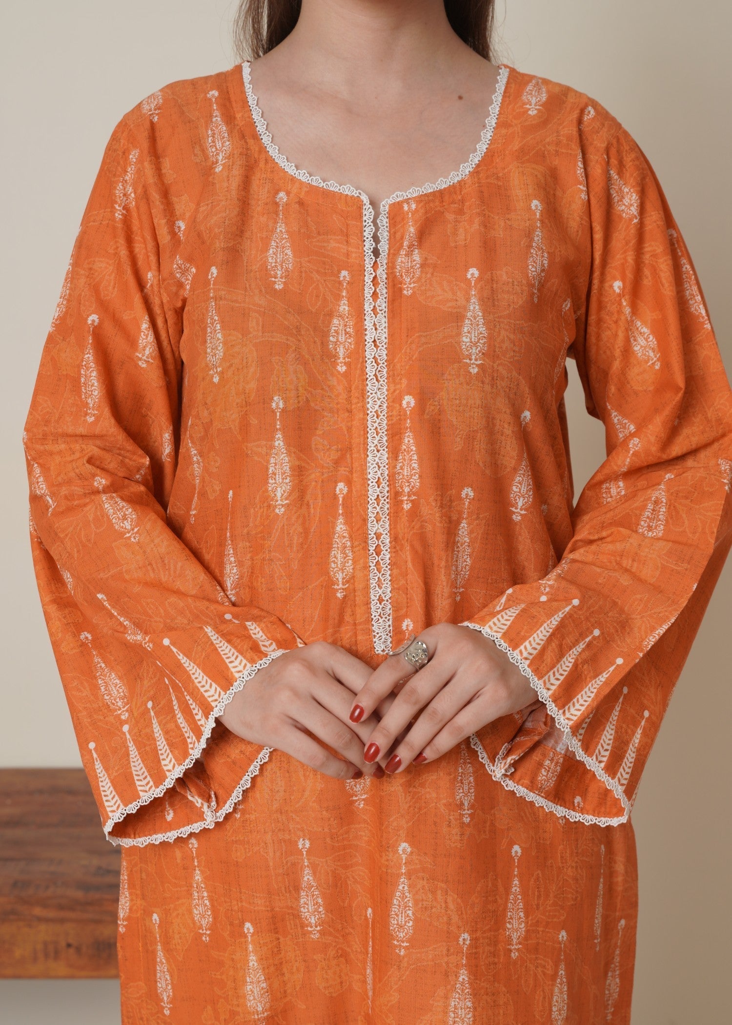 cambric Kurta Set in Mandarin orange