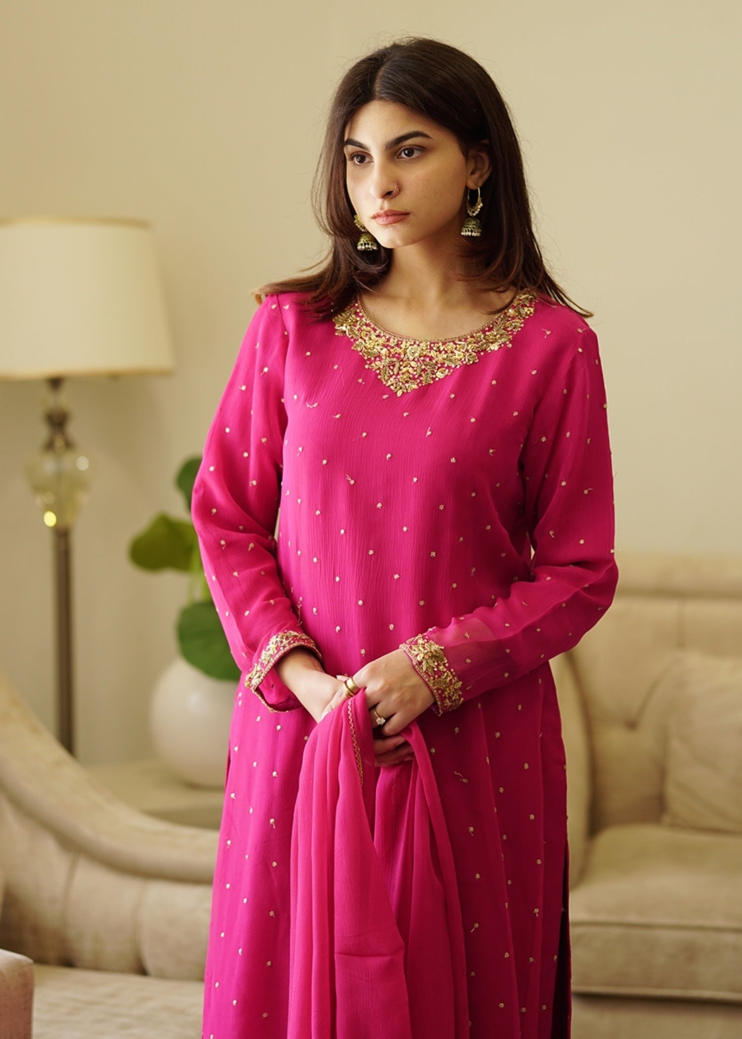 chiffon Kurta Set in Deep pink