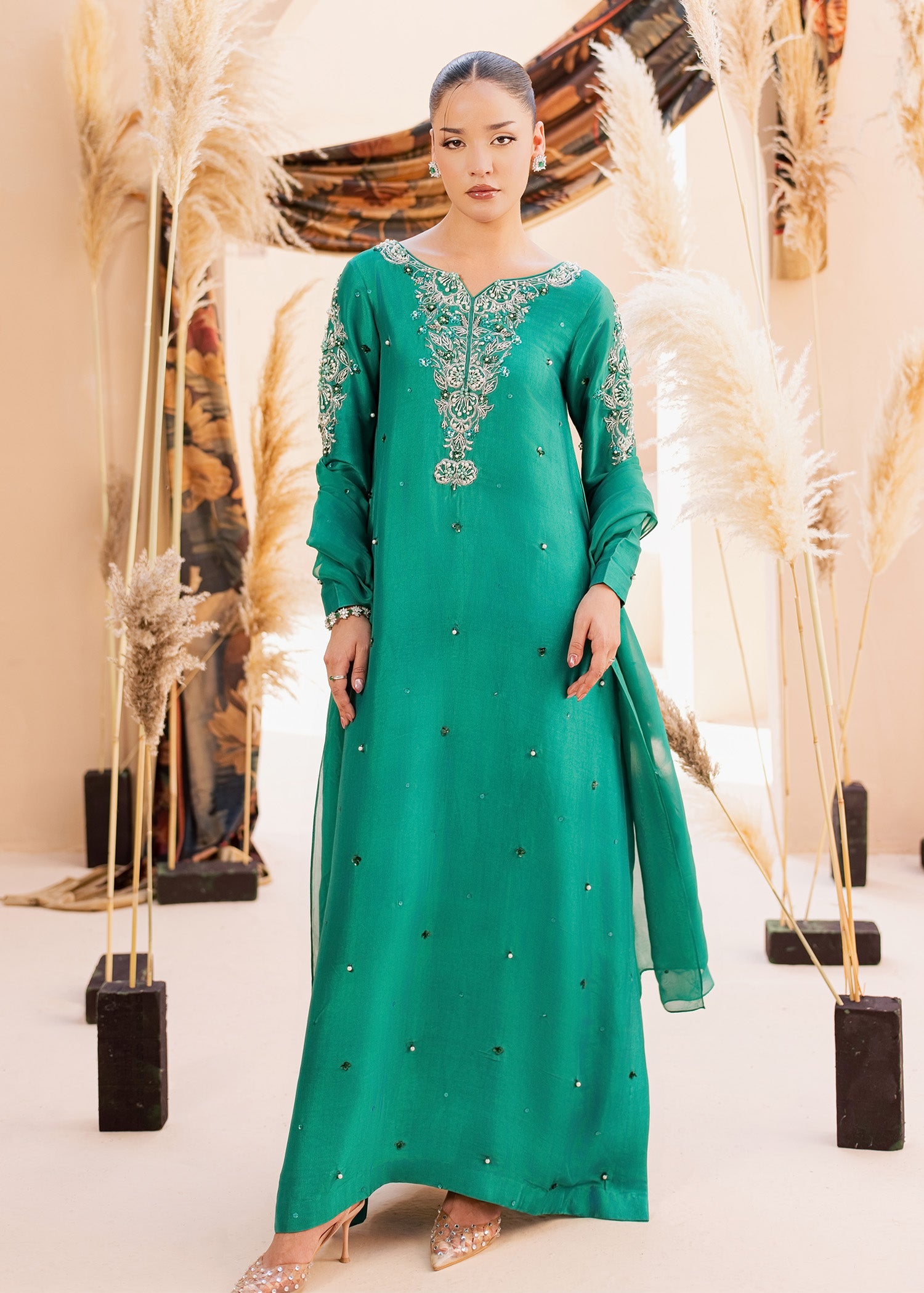 tussar silk Kaftan in Sea green