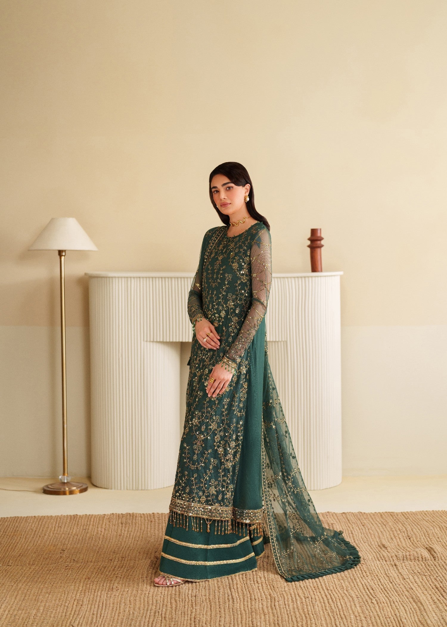 khaddi net Kurta Set in Green