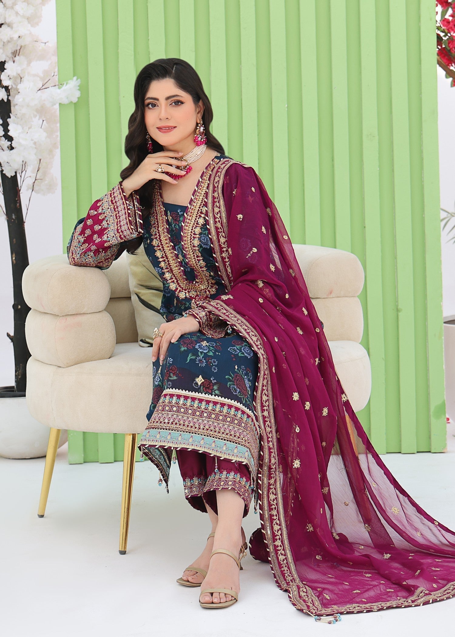 chiffon Kurta Set in Aegean blue