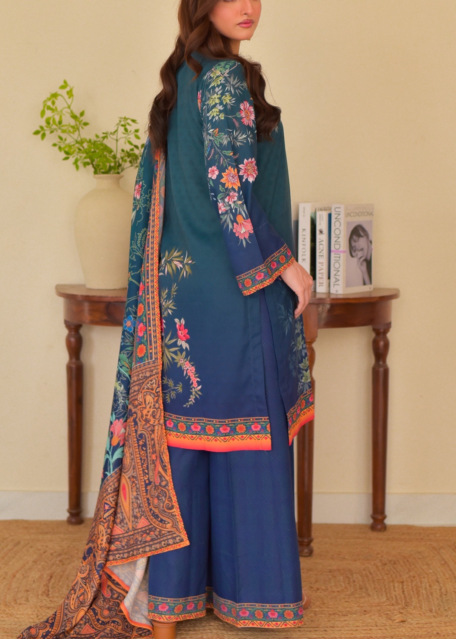 slub cambric Kurta Set in Midnight blue