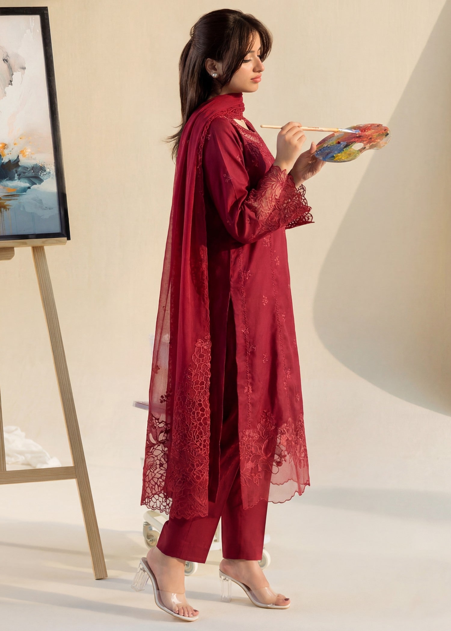 cotton Kurta Set in Maroon, brick red