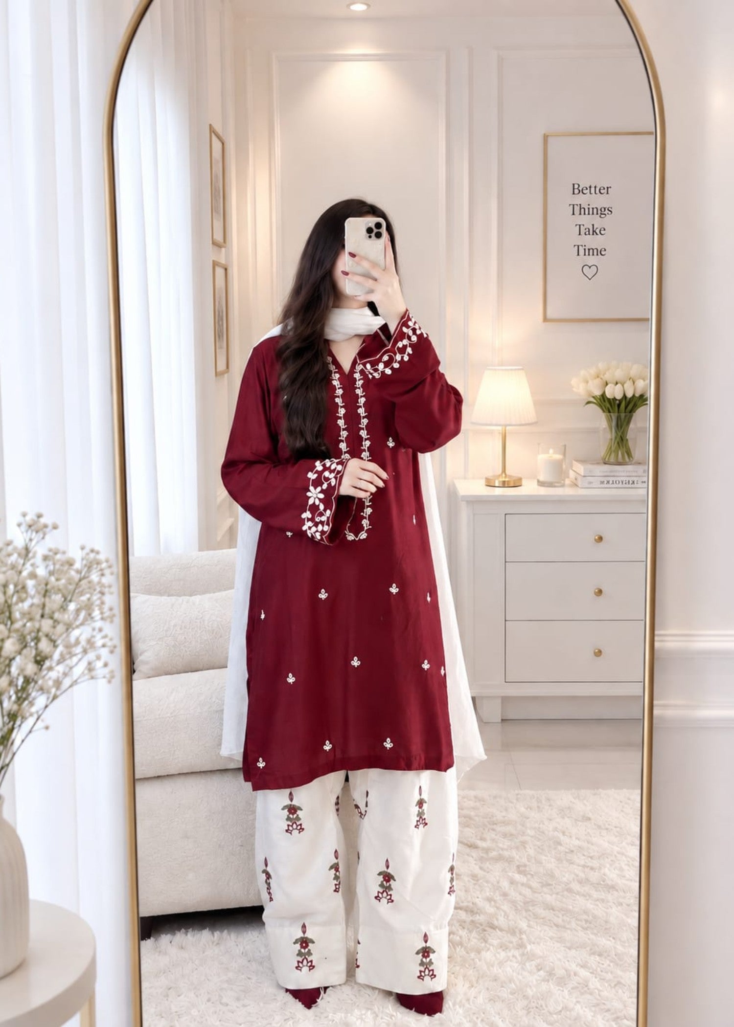 linen Kurta Set in White, maroon