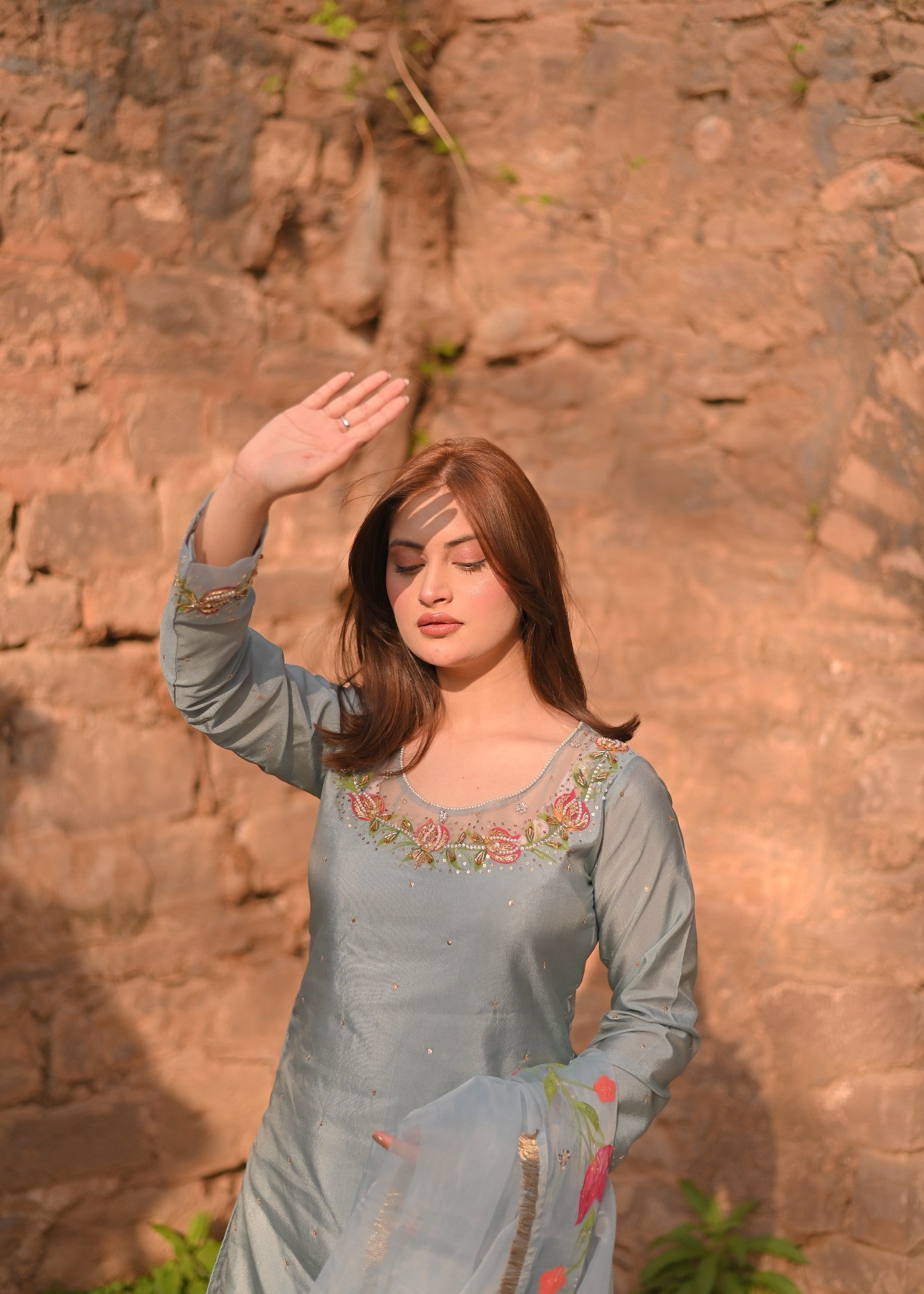 silk crepe Kurta Set in Light blue