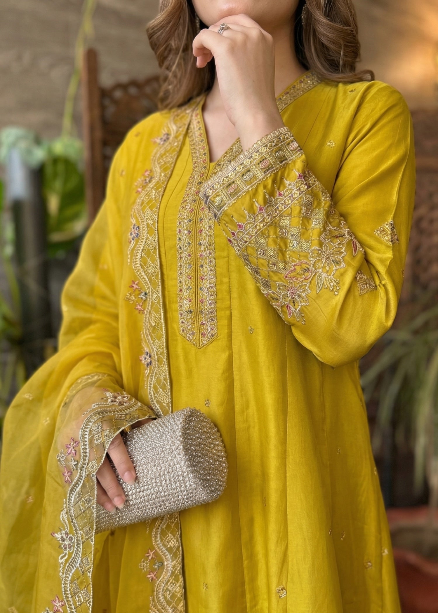 silk Pishwas in Mustard