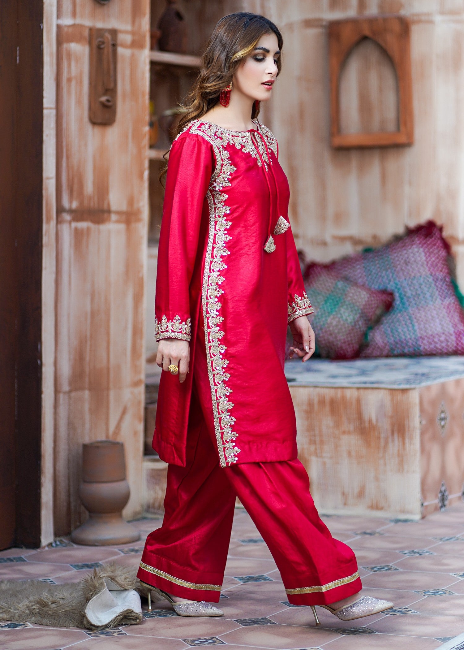 cotton silk Kurta Set in Red