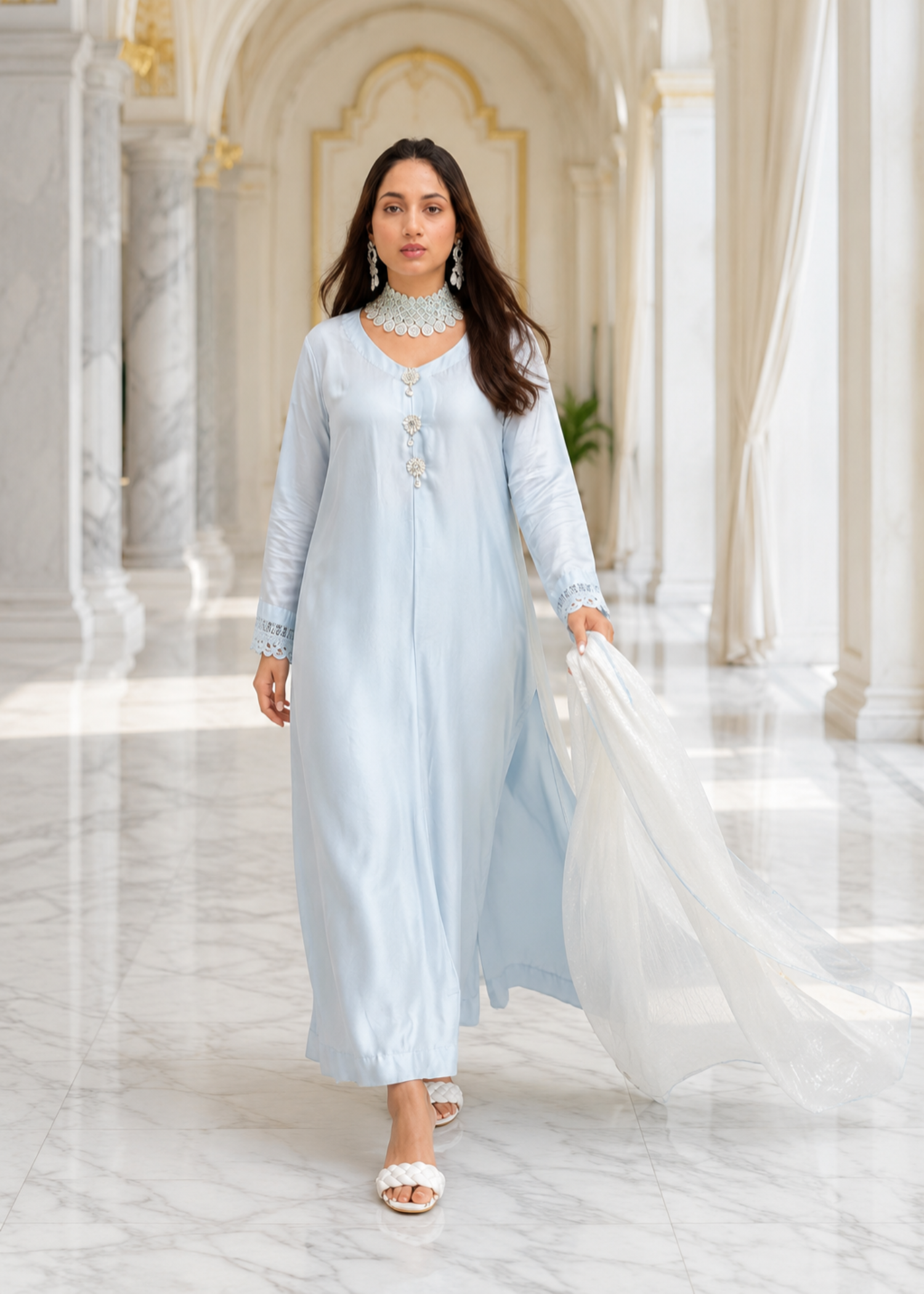 pure silk Kurta Set in Ice blue