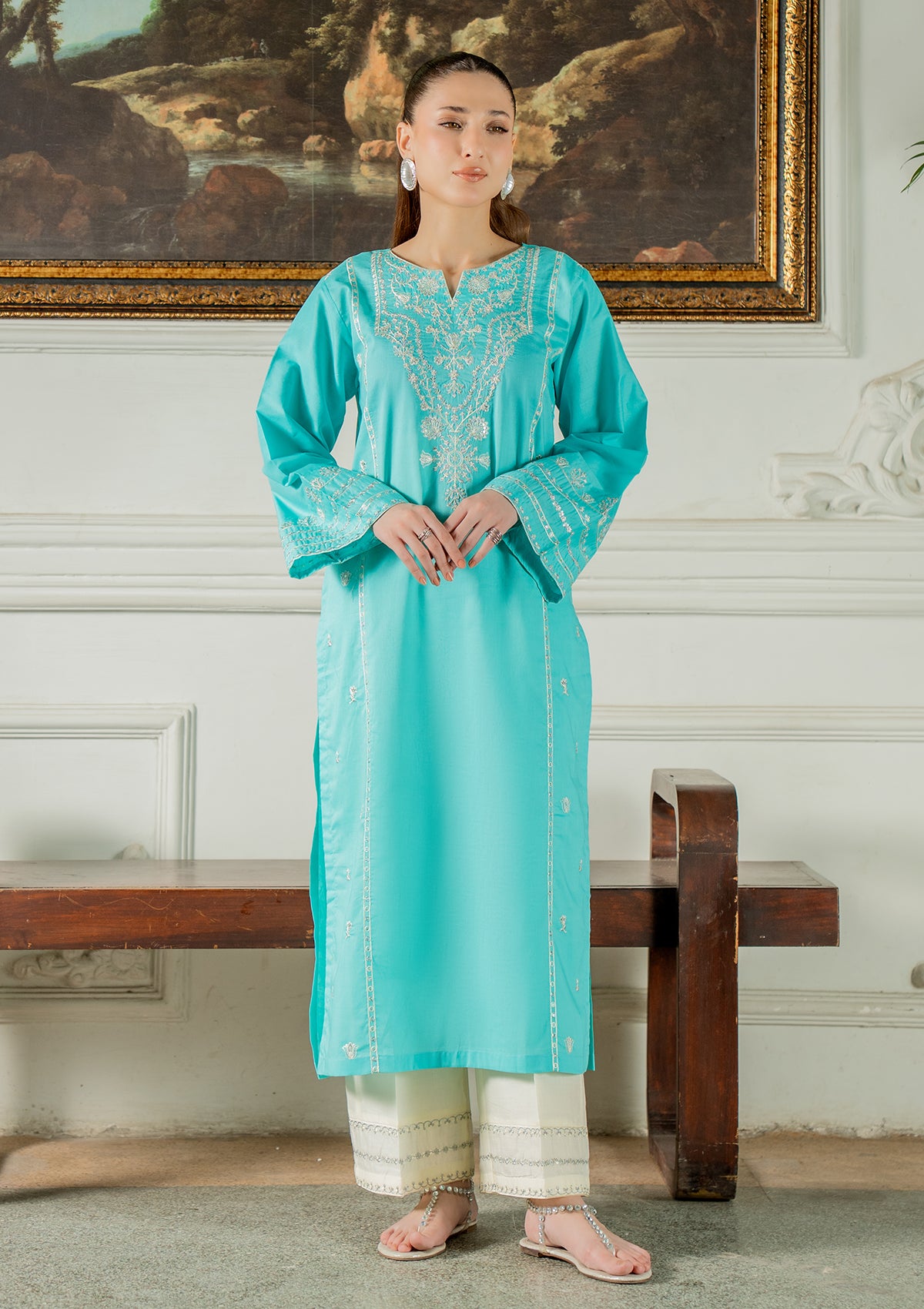 cotton Kurta Set in Turquoise