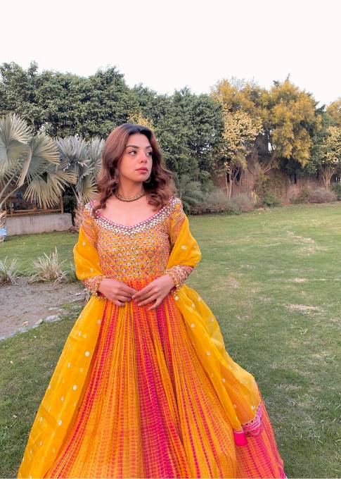 organza Pishwas in Yellow