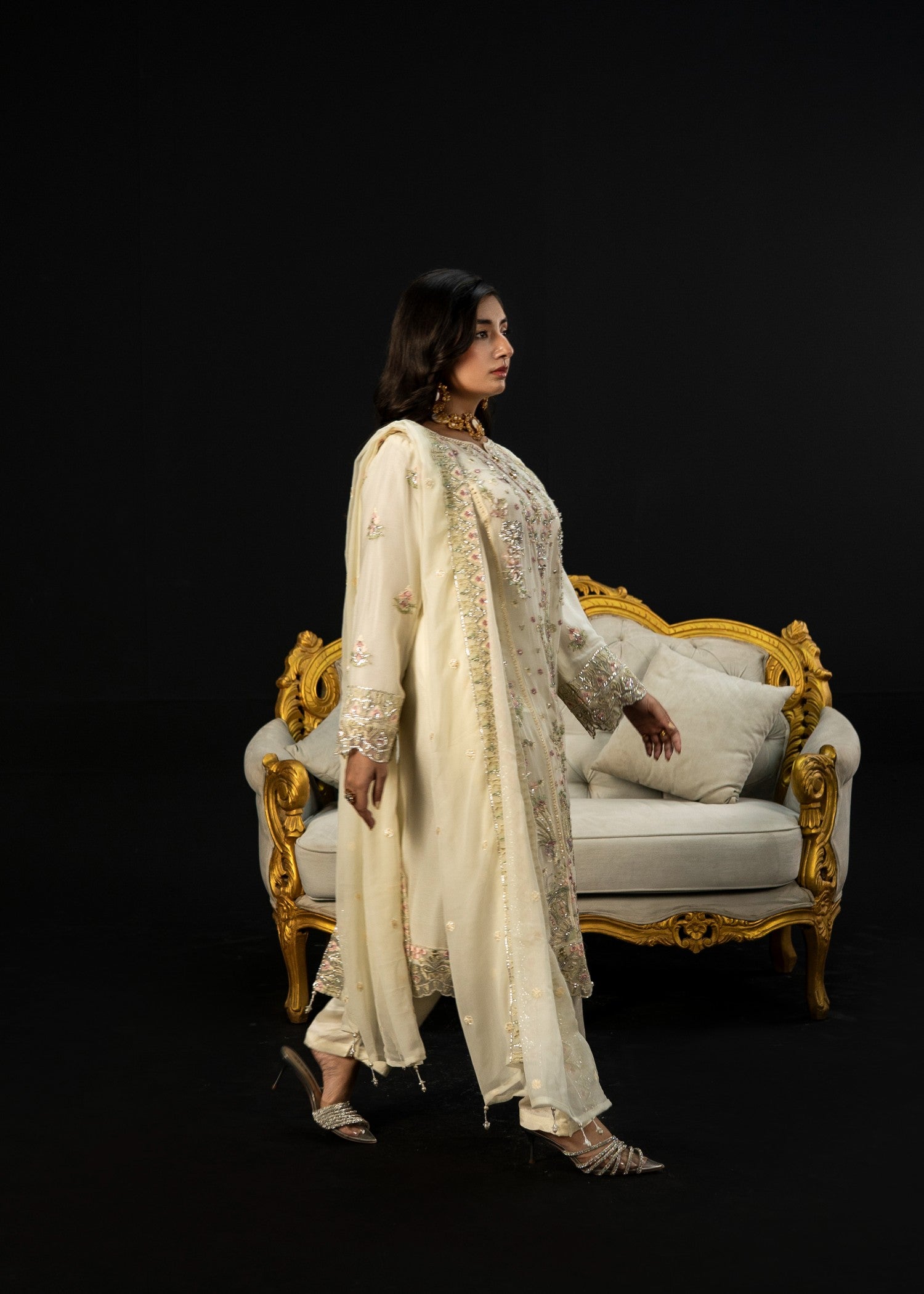 crinkle chiffon Kurta Set in Ivory