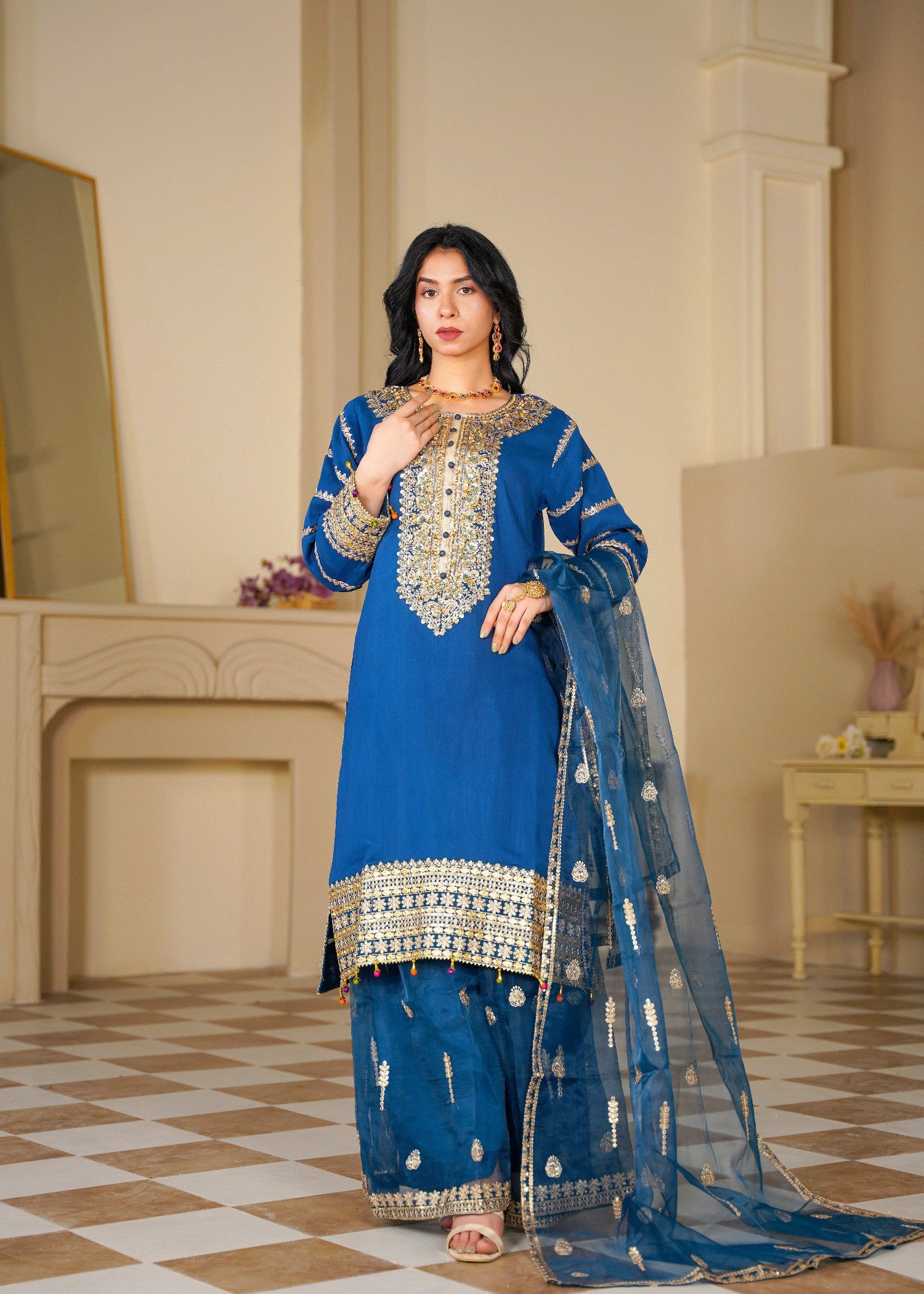 chiffon Kurta Set in Royal blue, gold