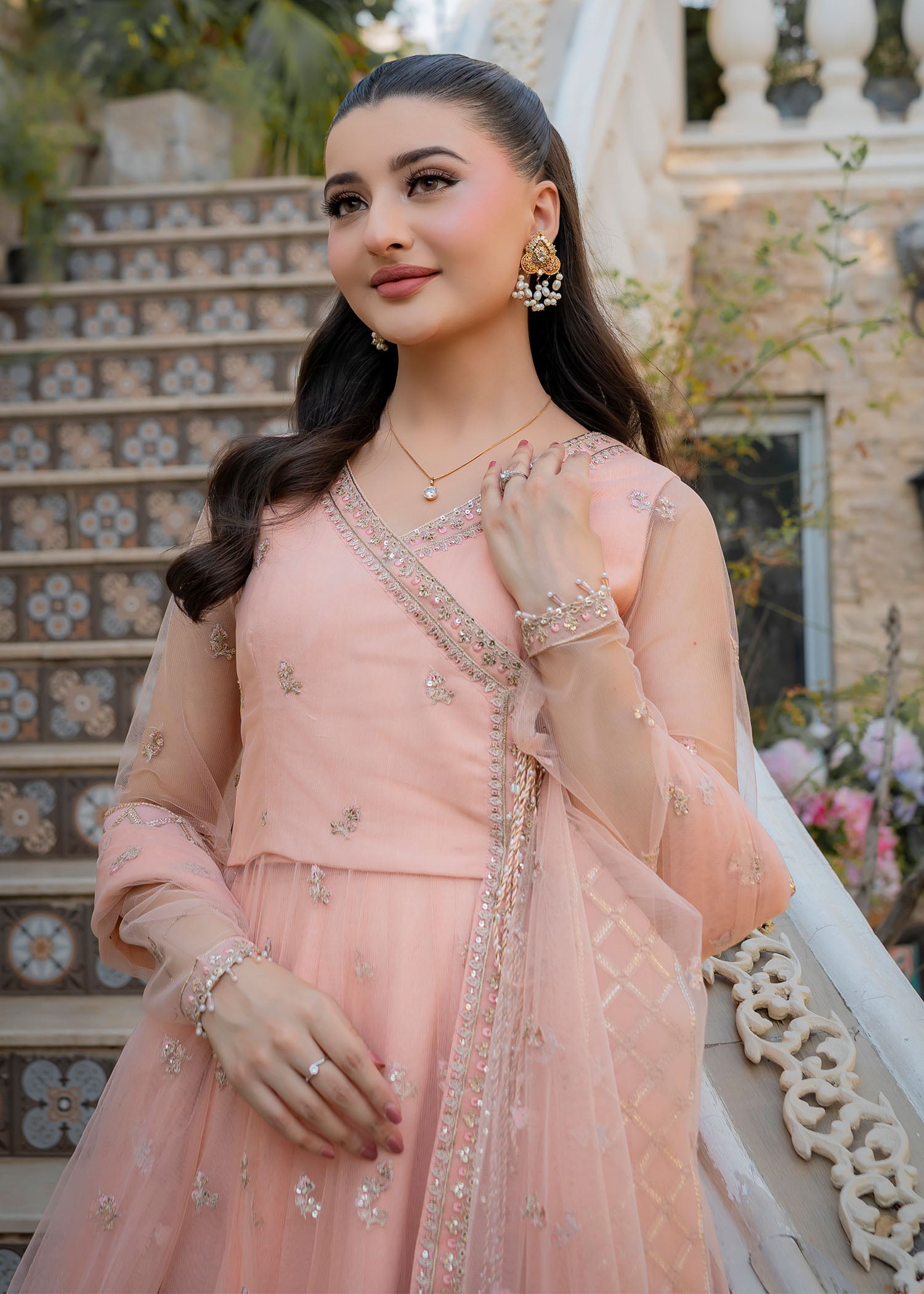 net Lehenga in Peach pink