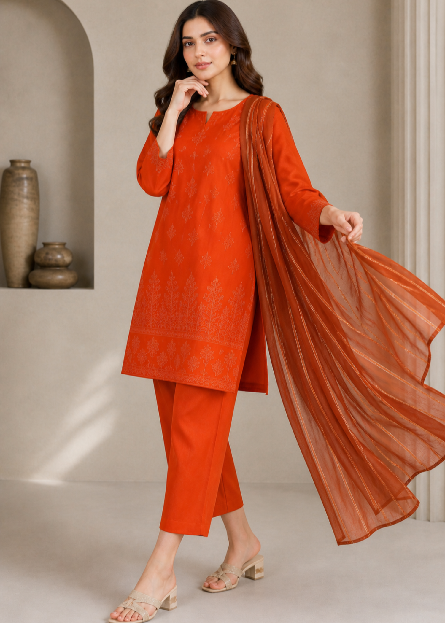 chikankari cotton Kurta Set in Orange