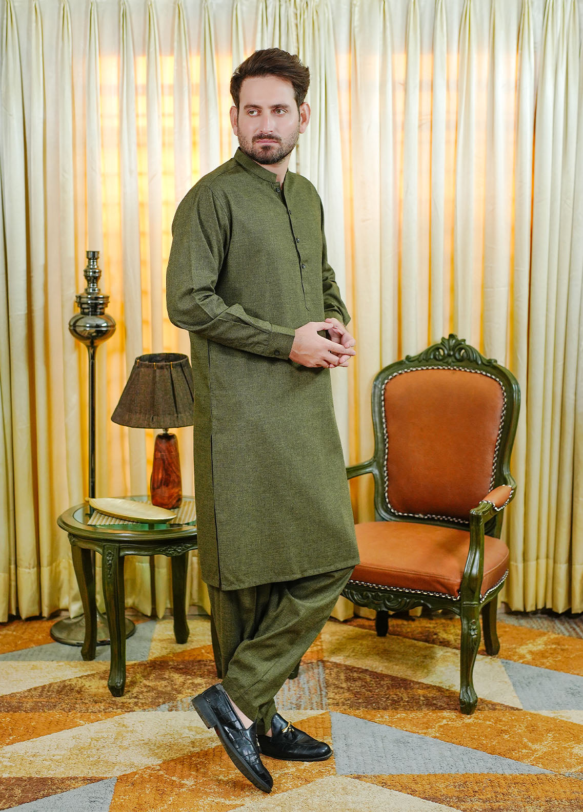 acrylic wool Shalwar Kameez in Olive green